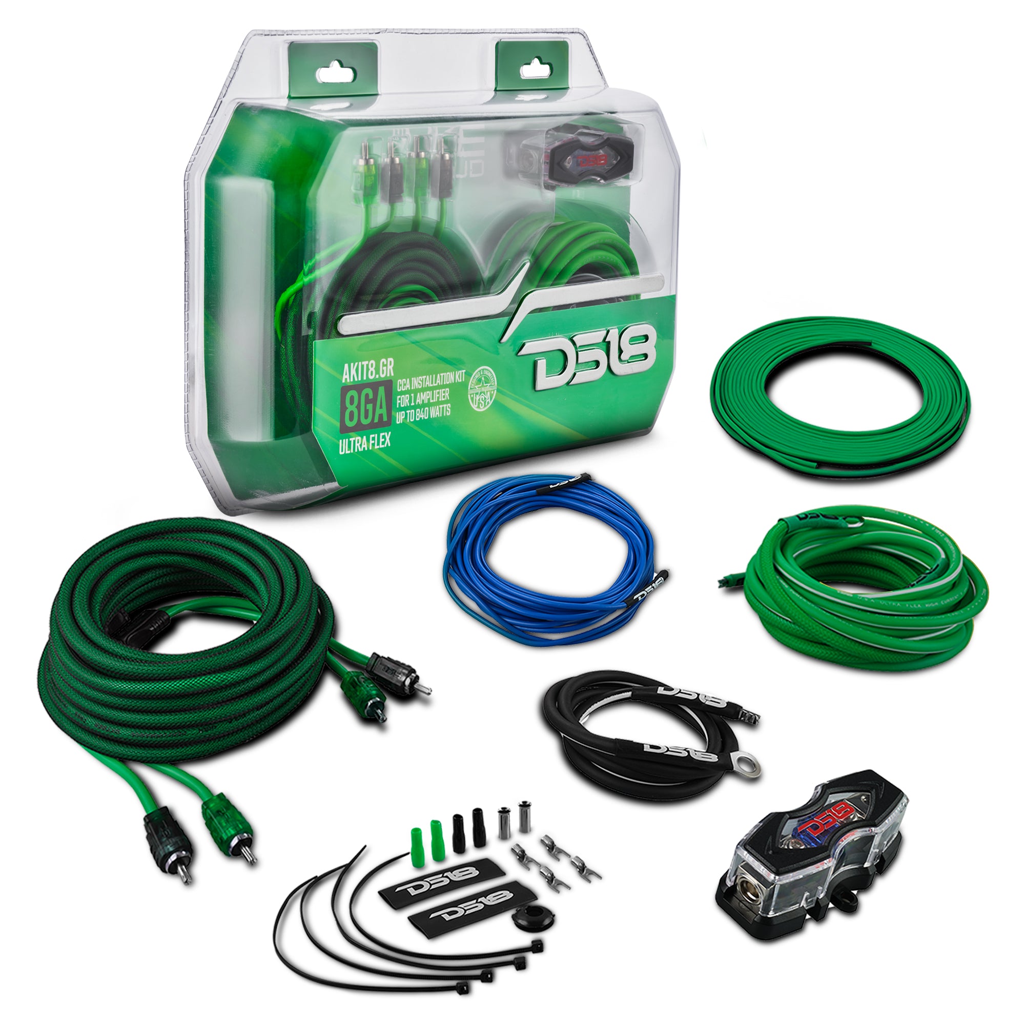 DS18 8-GA Amplifier Installation Wiring Kit - Green DS18 8-GA Amplifier Installation Wiring Kit - Green