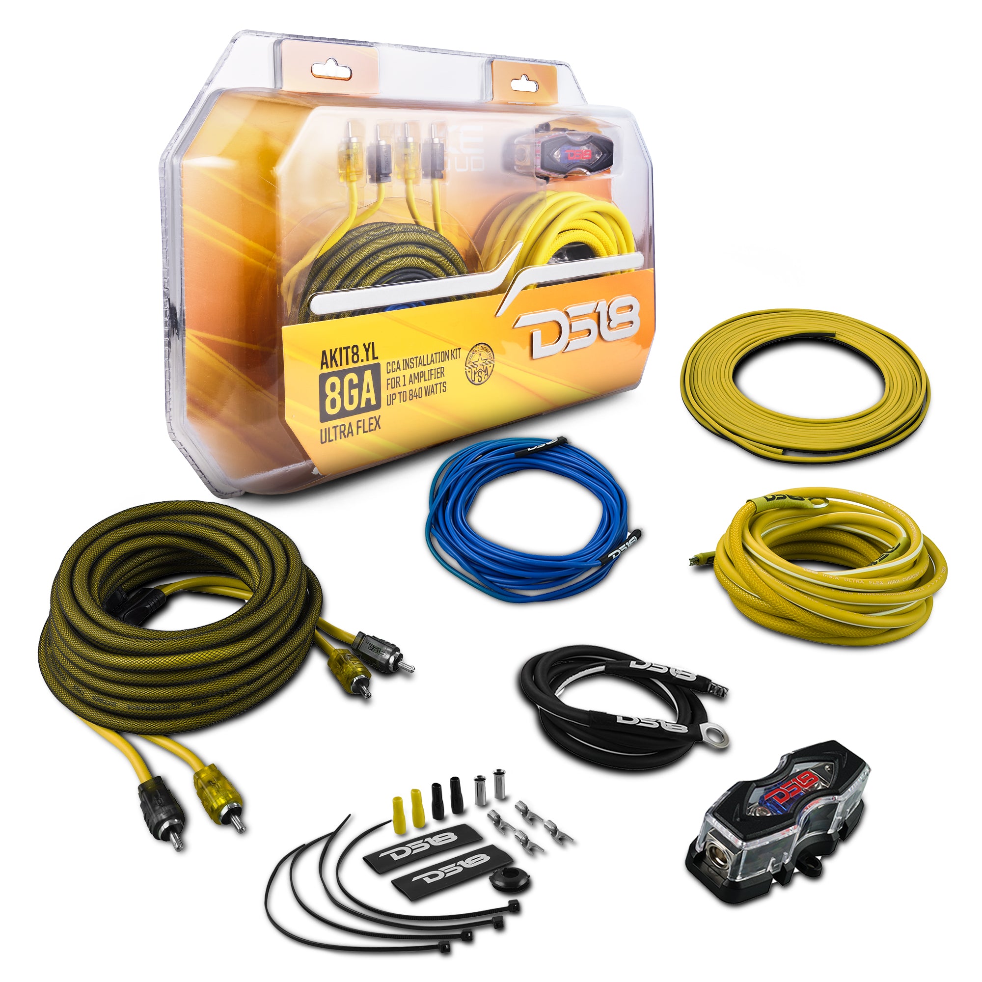DS18 8-GA Amplifier Installation Wiring Kit - Yellow