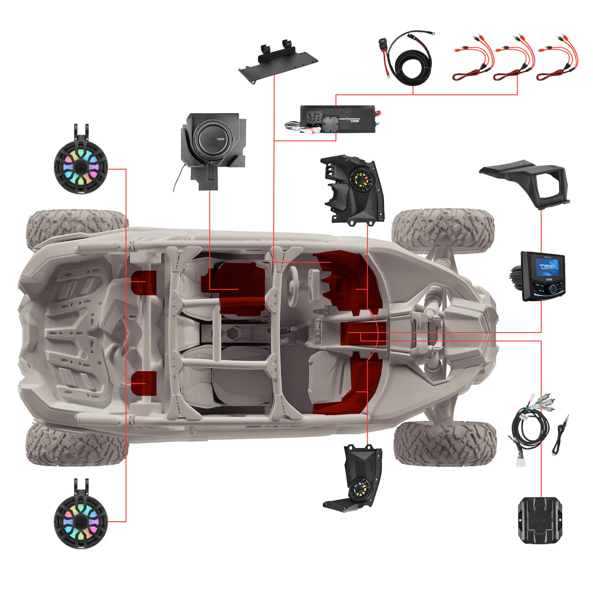 Can-Am Maverick X3 Stage 4 - Door Speaker Panels, 8" Tower Speakers, 12” Subwoofer, Amplifier, Bluetooth Radio & LED Lights