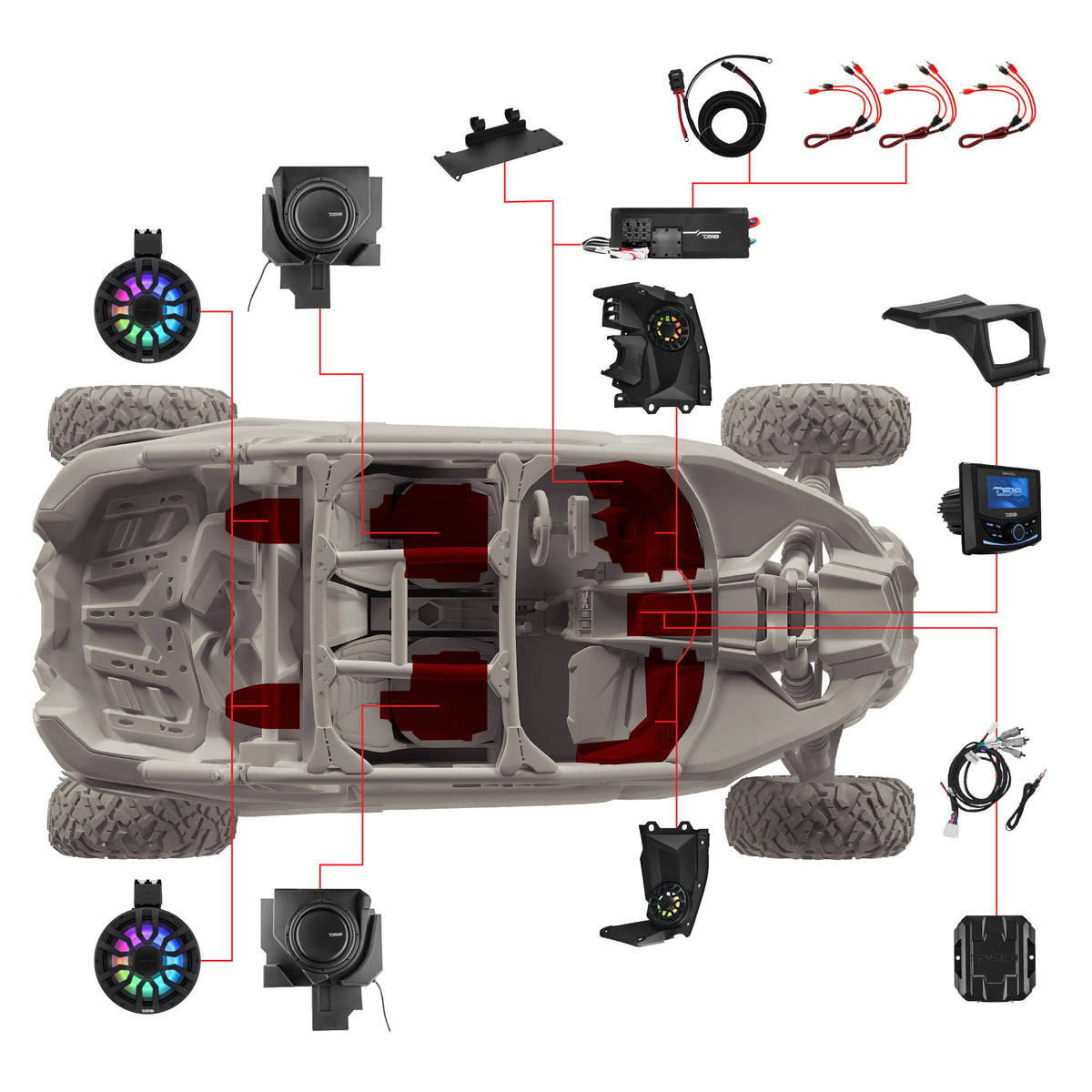 Can-Am Maverick X3 Stage 6 - Door Speaker Panels, 8" Neodymium Tower Speakers, Dual 12” Subwoofer, Amplifier, Bluetooth Radio & LED Lights
