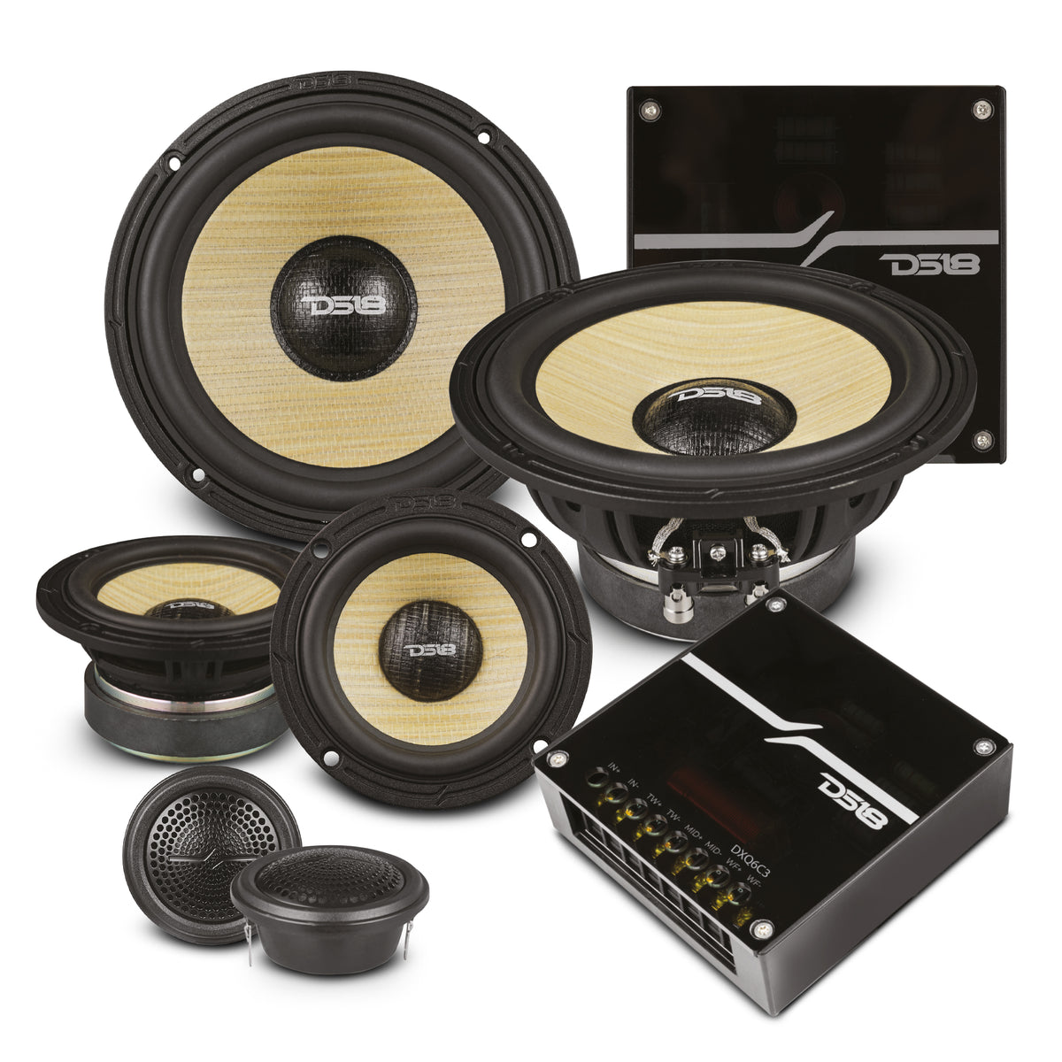 DXQ 6.5" 3-Way Component Speaker Set with Yellow Straw + Composite Foam Cone | 150W RMS 4-Ohm