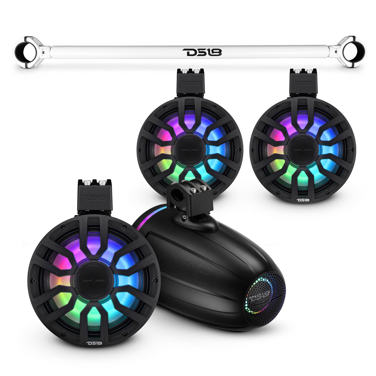 Mounting Tube with 4x 8" Marine Tower Speakers & Digital LED Lights for Jeep Wrangler JKU 4-Door (2007–2018)
