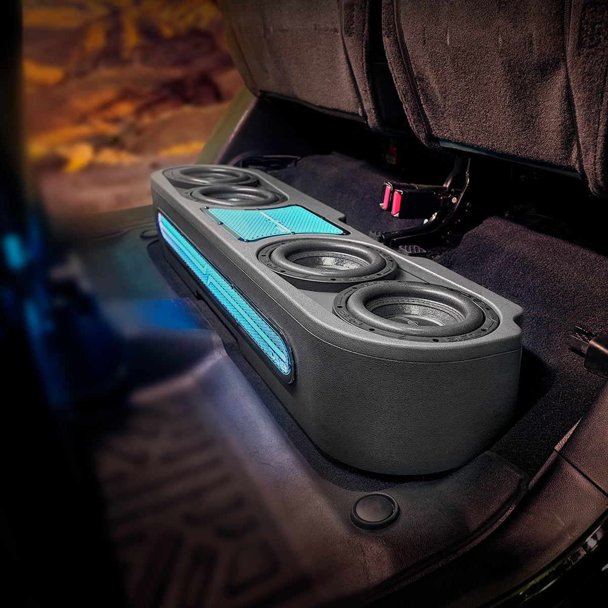Jeep JT Gladiator Loaded Under Rear Seat Subwoofer Enclosure with 4 X 8" ZR8.2D, Leather Wrapped and Digital LED Lights | 1800 Watts RMS @ 1-Ohm