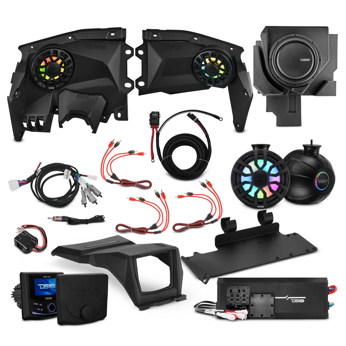 Can-Am Maverick X3 Stage 4 - Front Door Speaker Panels, 8" Tower Speakers, 12” Subwoofer, Amplifier, Bluetooth Radio & LED Lights