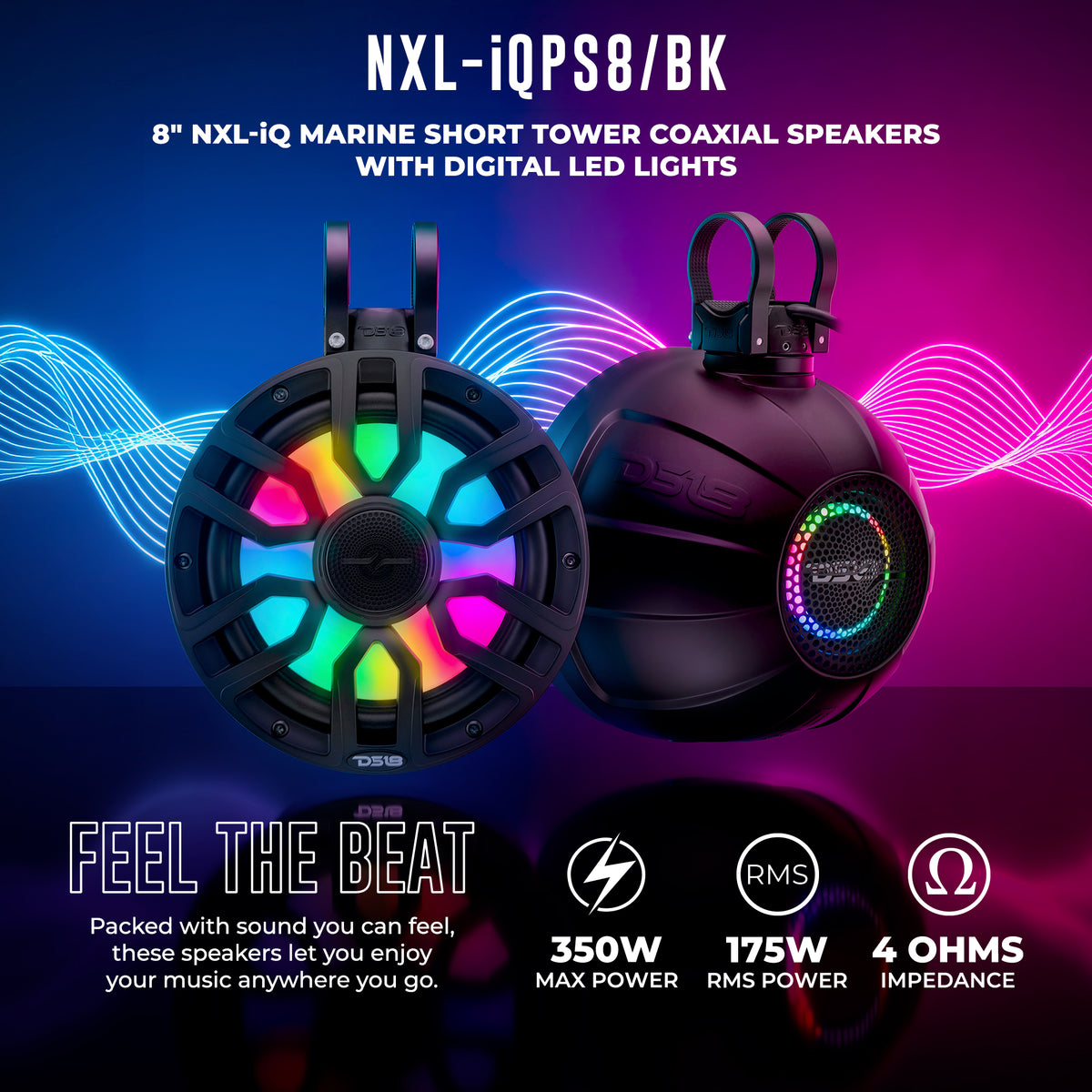 8" NXL-iQ Marine Short Tower Coaxial Speakers with Digital LED Lights, 175W RMS, 350W Max, 4-Ohm