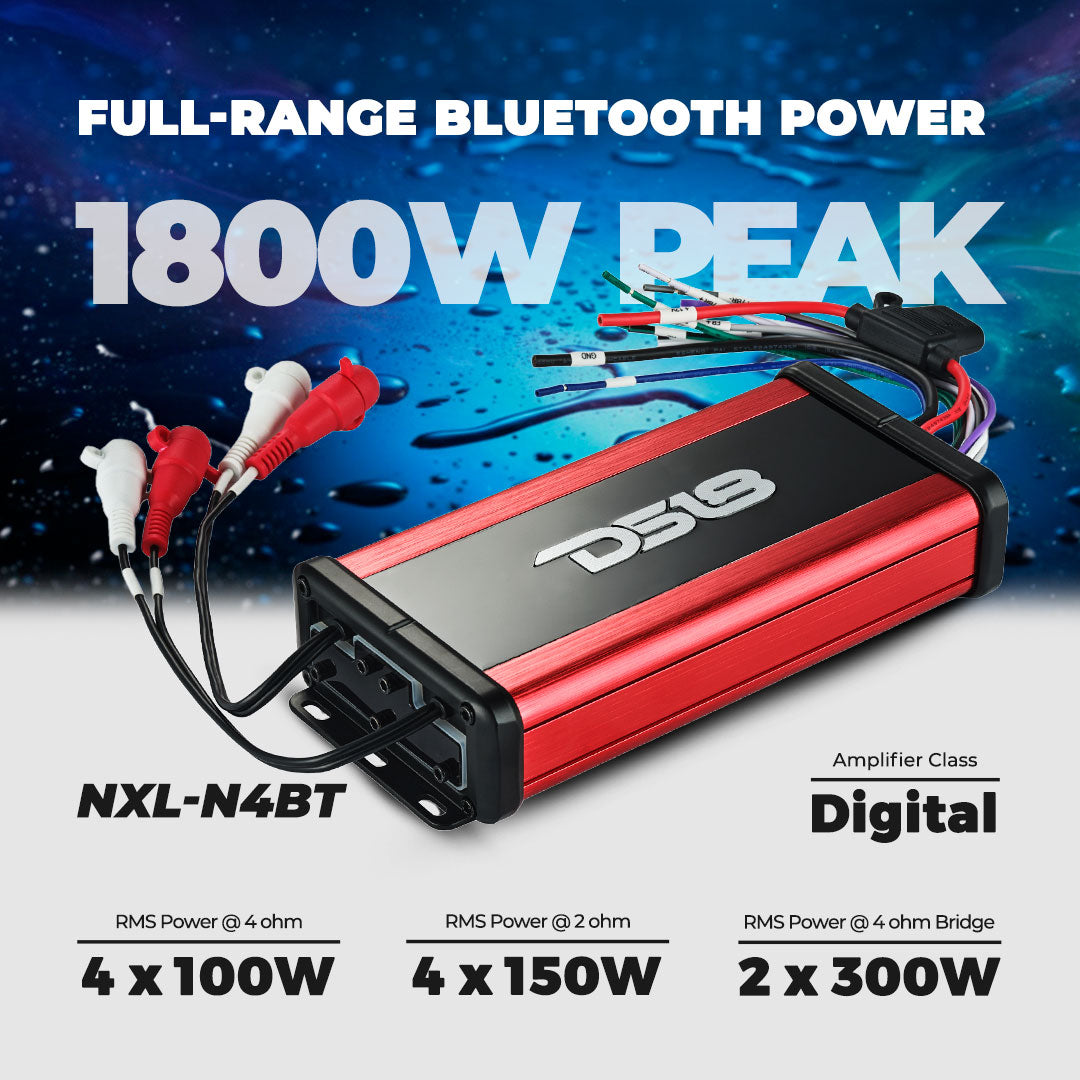 NXL 4-Channel Full-Range Class D Waterproof IP67 Marine and Powersports NANO Amplifier with Bluetooth 5.1 Receiver Built-In