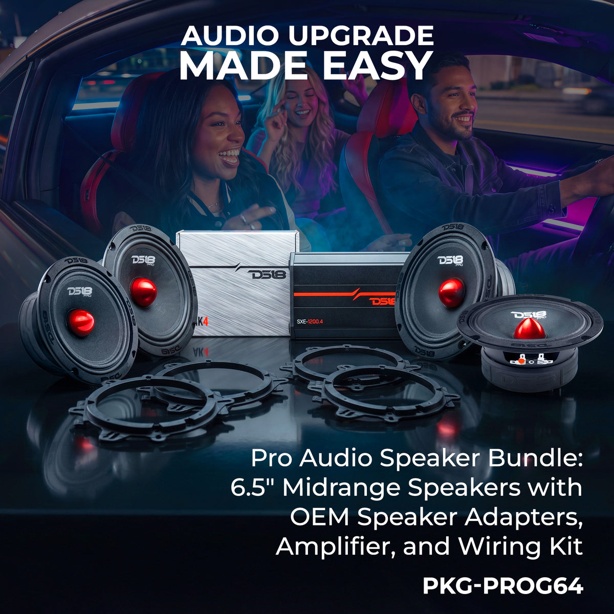 Kit de actualización de altavoces de rango medio PRO Audio de 6,5" - Incluye adaptadores de altavoces OEM, amplificador y kit de cableado.