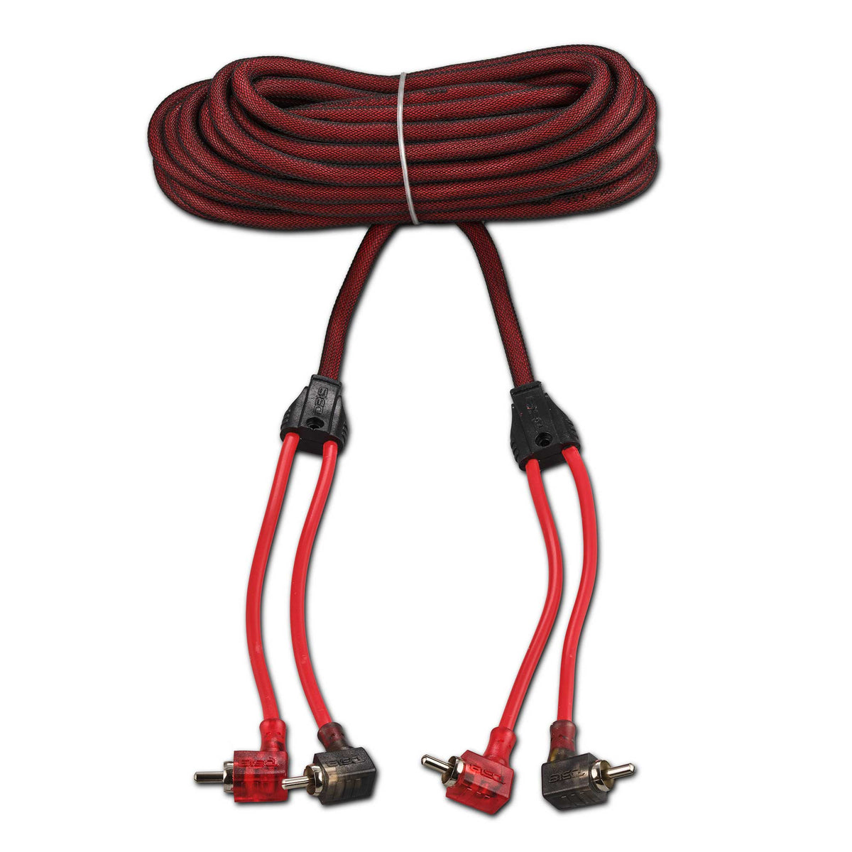 100% OFC Ultra Flex 2-Channel RCA with 90 Degree Ends, Dual Twist Wire, Red Braided Jacket - 20 ft