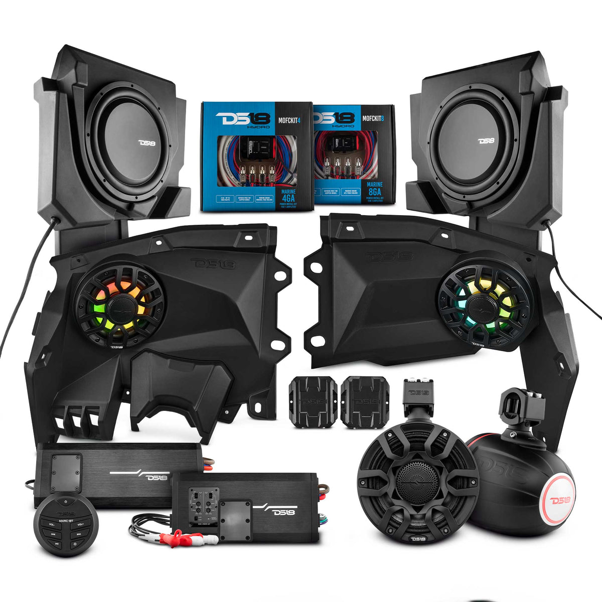 Can-Am Maverick X3 Stage 4 Dash Panel Speaker Enclosures + Driver and Passenger Side Under Seat Subwoofer Enclosure and Pair of Tower Speakers - 3800W MAX