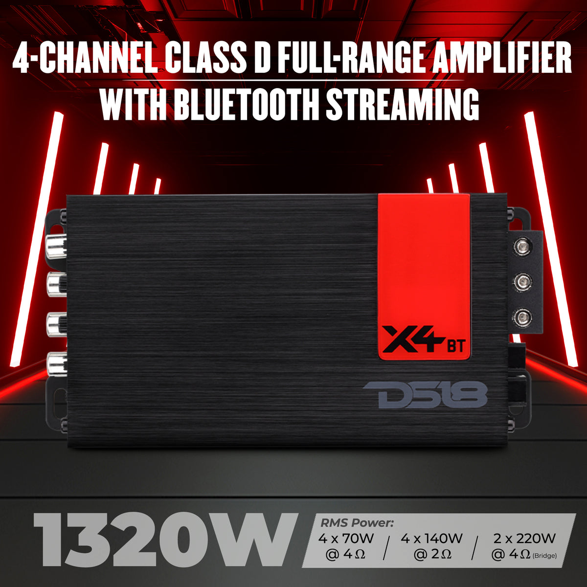 X 4-Channel Ultra Compact Full-Range Amplifier with Bluetooth Connectivity - 4 x 70 Watts Rms