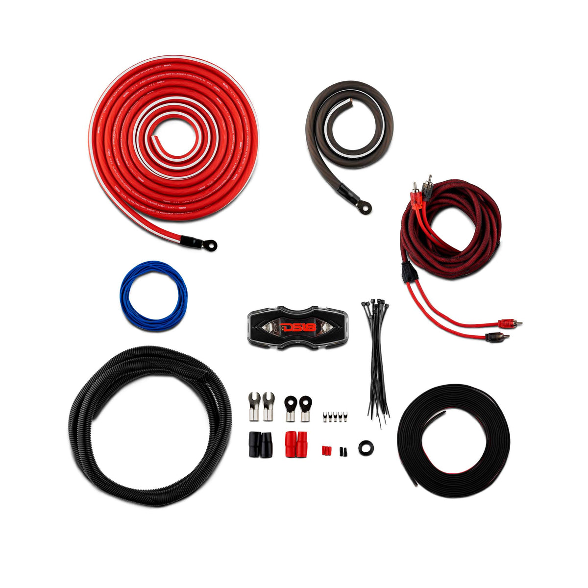 DS18 Amp Kit 0 0GA CCA complete amplifier installation kit with cables, fuse holder, and hardware.
