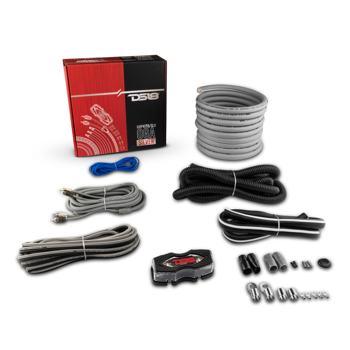 DS18 Amp KIt 0GA CCA complete amplifier installation kit with cables, fuse holder, and hardware.
