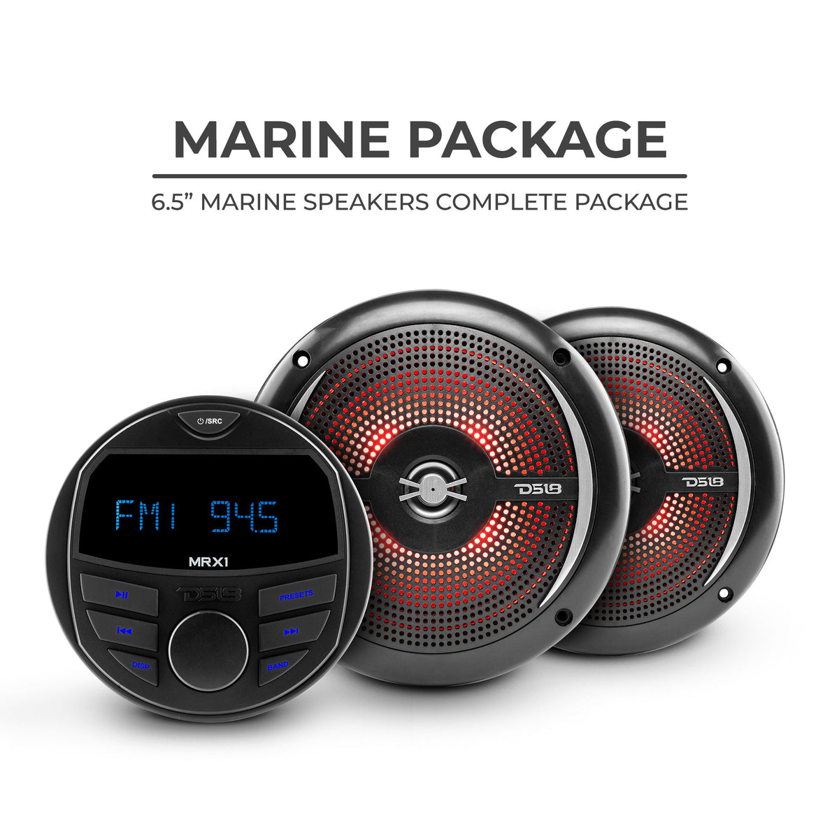 Marine and Powersports Headunit and 6.5" Marine Speaker Package (MRX1 and 2 X NXL-6SL/BK) -Black