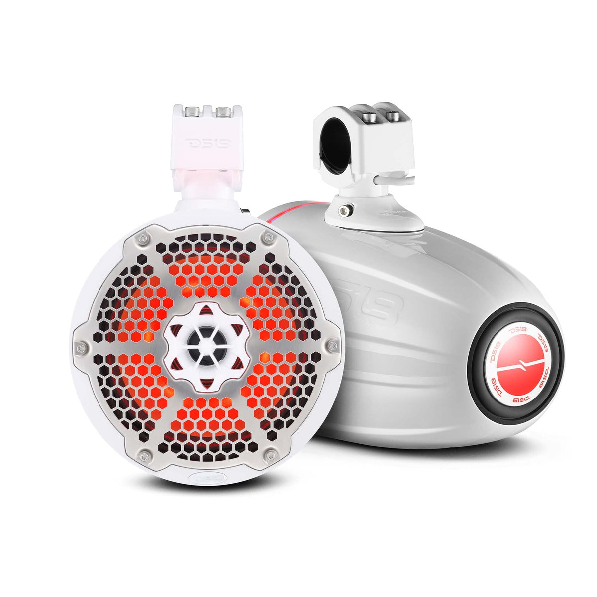 DS18 8" Neodymium Marine Towers with Built-In Passive Radiator, 1" Driver and RGB LED Light 550 Watts White (Pair) boat tower speakers bar