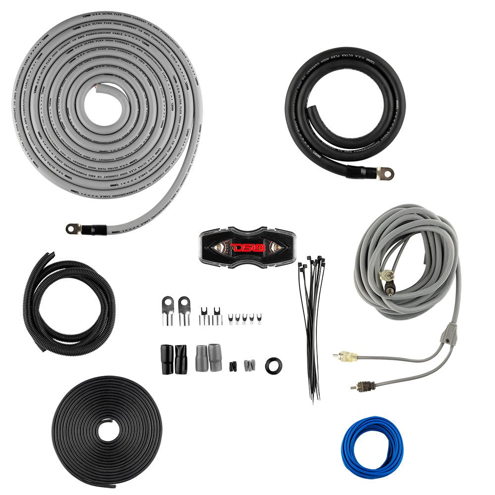 DS18 Amp KIt 0GA CCA complete amplifier installation kit with cables, fuse holder, and hardware.