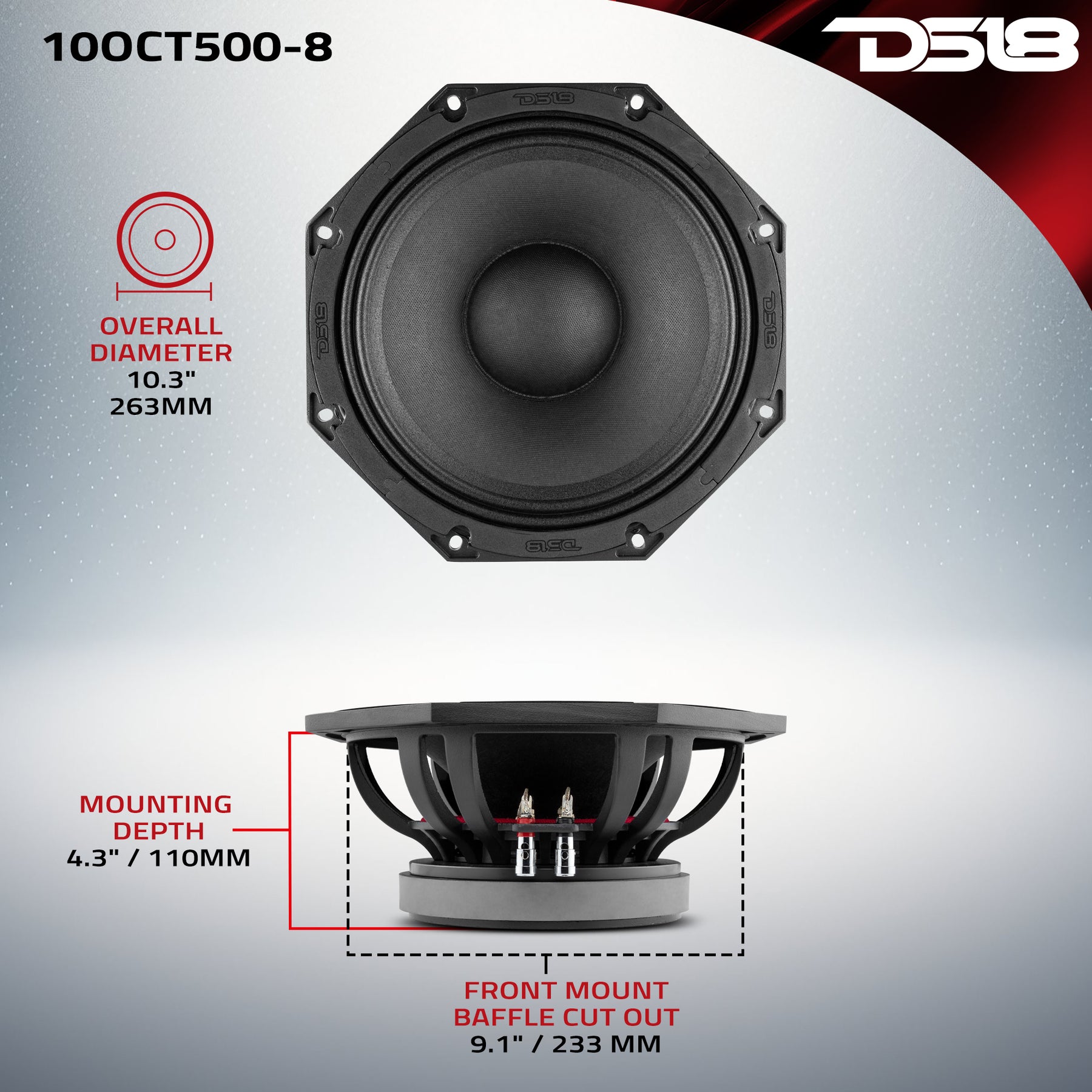 Octagonal 10" Mid-Range Loudspeaker 500 Watts Rms 8-Ohm