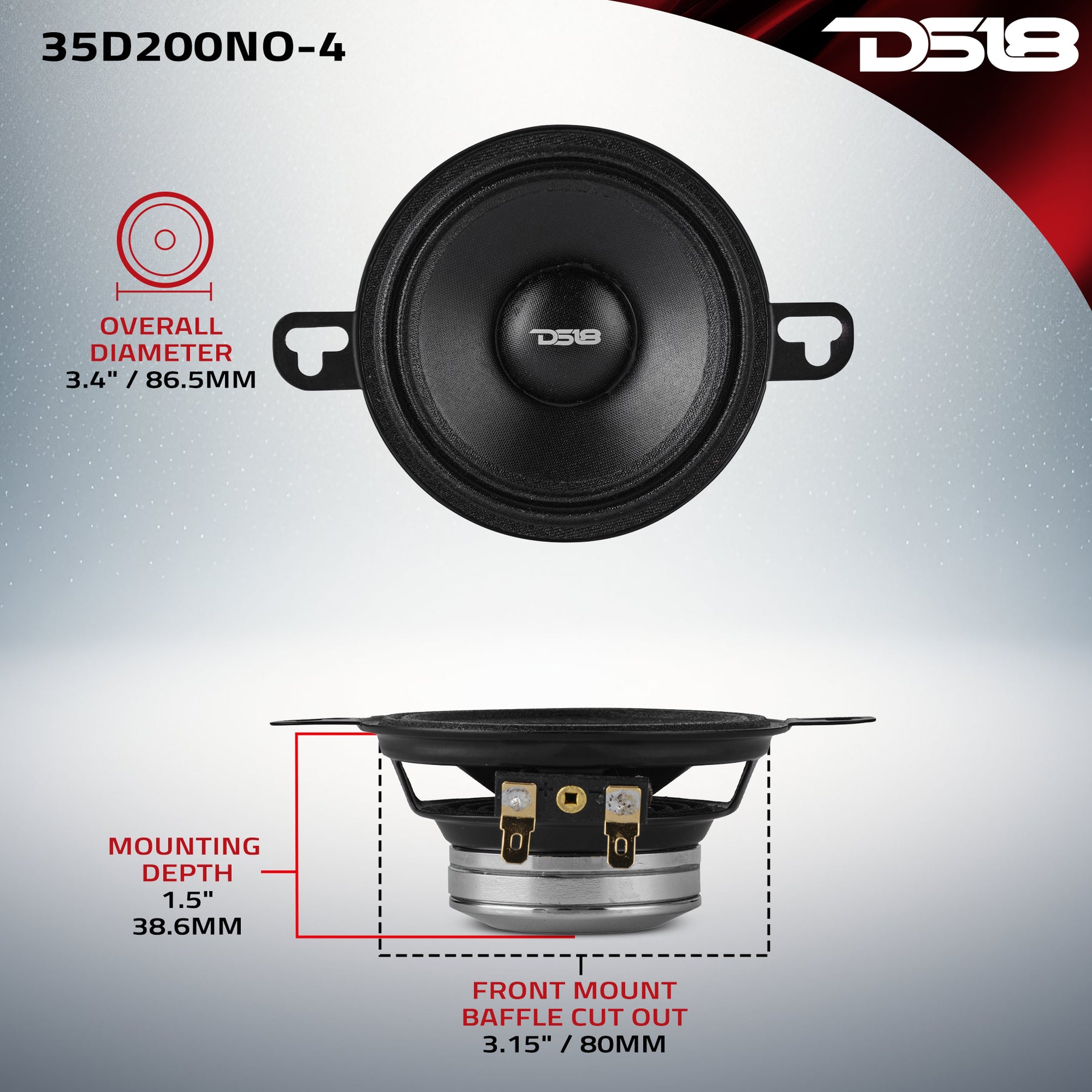 DS18 3.5" OEM Dashboard Loudspeaker with Neodymium Magnet dimensions diagram