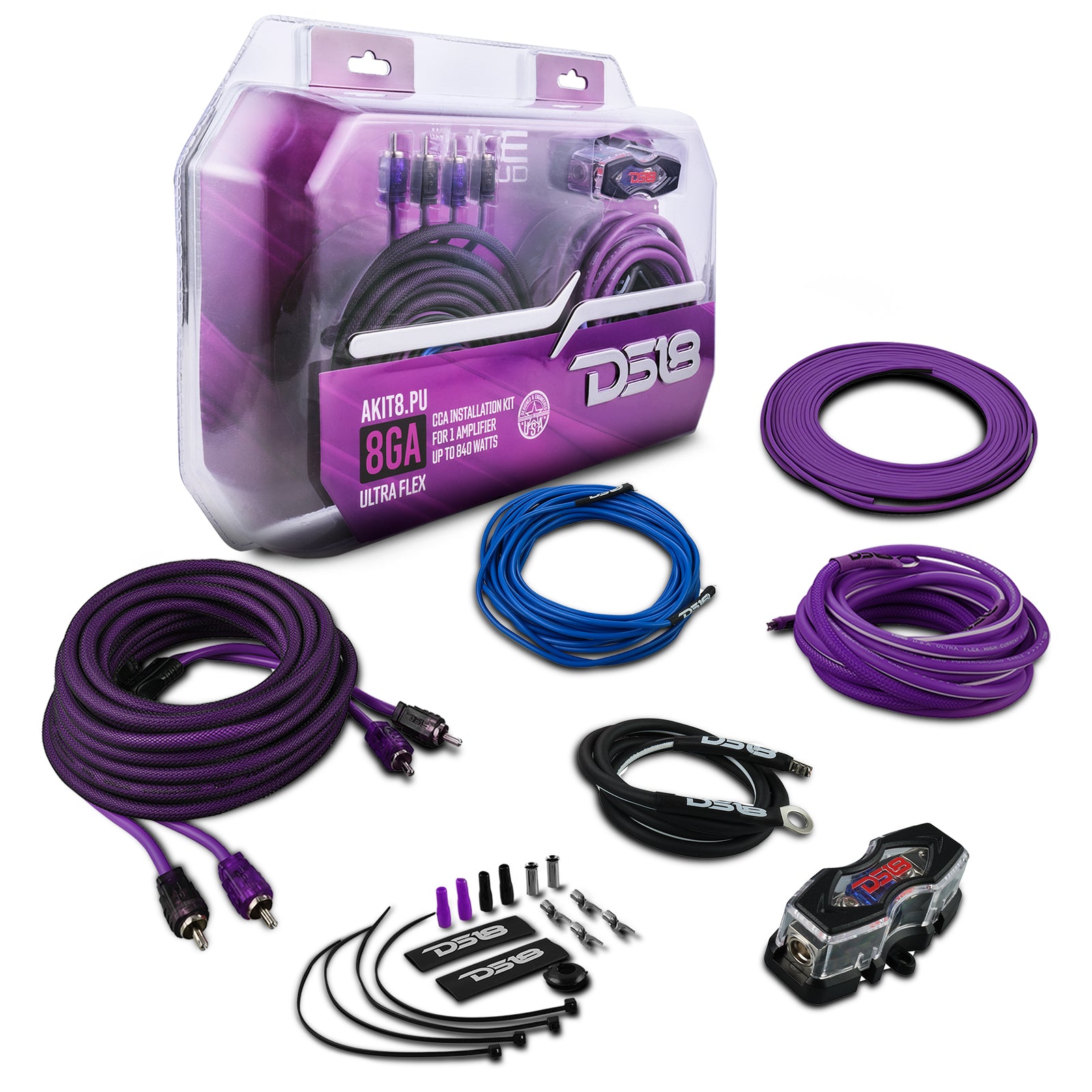 DS18 4 Gauge Purple Amplifier Wiring Kit - 1680W, CCA Cable, AKIT4