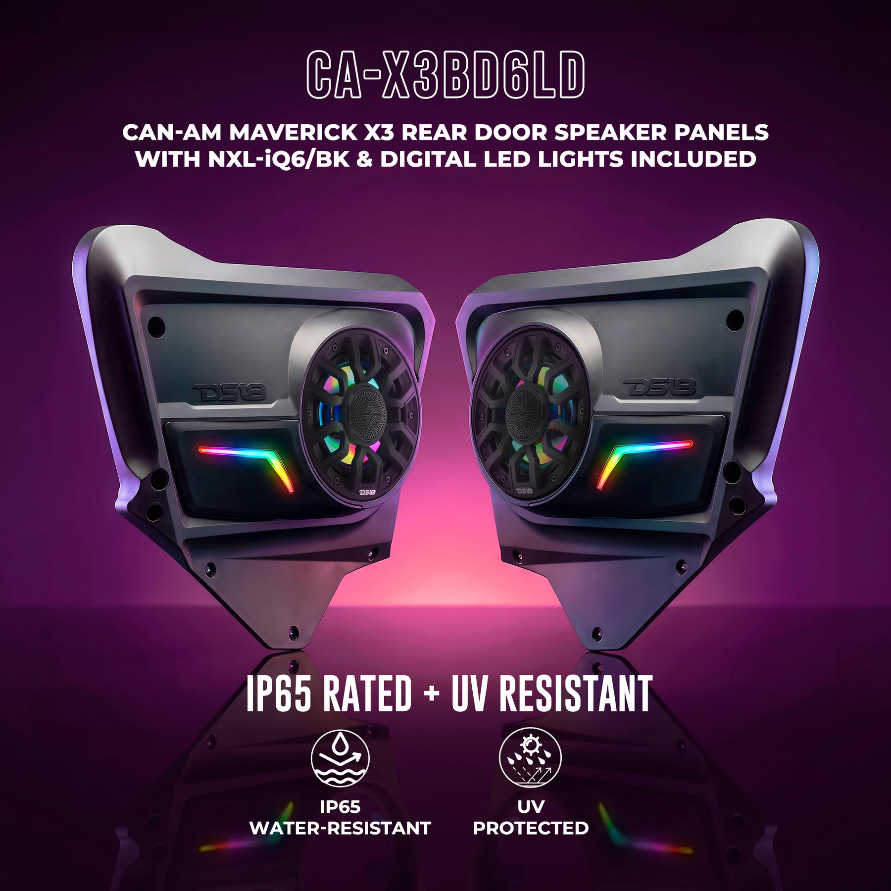 Paneles para altavoces de puerta trasera Can-Am Maverick X3 Max (2017 en adelante) equipados con altavoces marinos coaxiales de 2 vías NXL-IQ de 6.5" y distintivo LED digital