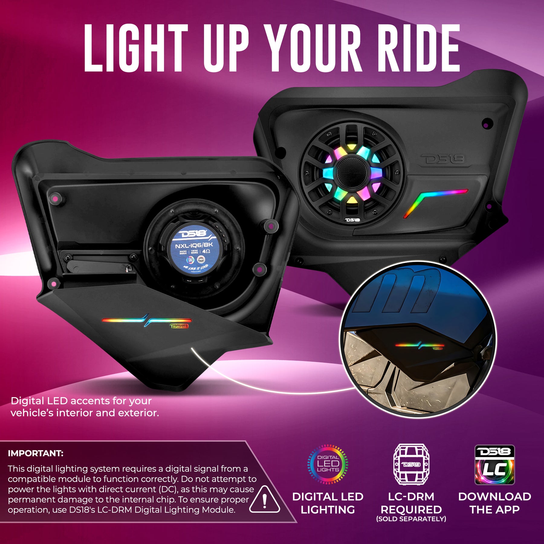 Paneles para altavoces de puerta trasera Can-Am Maverick X3 Max (2017 en adelante) equipados con altavoces marinos coaxiales de 2 vías NXL-IQ de 6.5" y distintivo LED digital