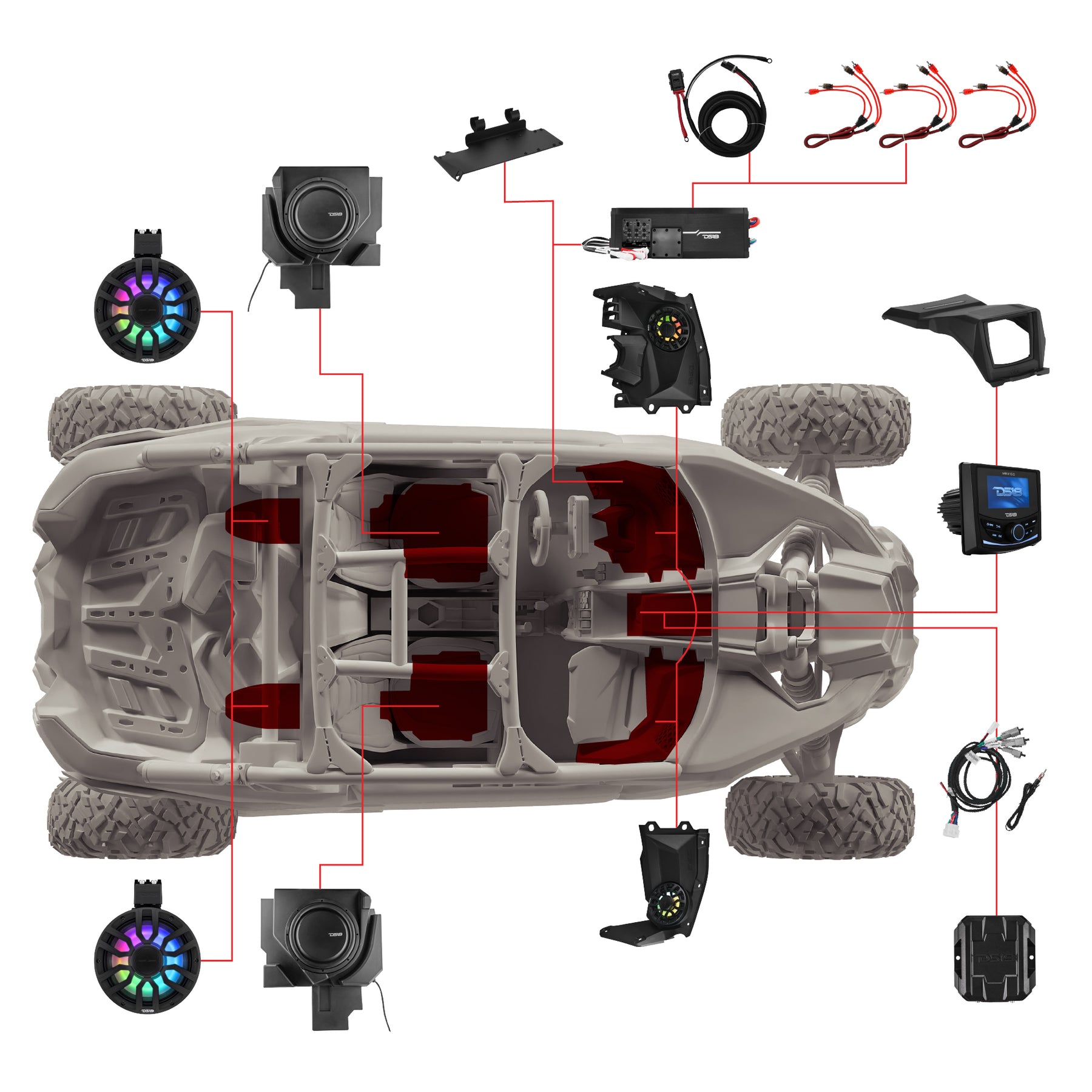 Can-Am Maverick X3 Stage 6 - Dash Speaker Panels, 8" Neodymium Tower Speakers, Dual 12” Subwoofer, Amplifier, Bluetooth Radio & LED Lights