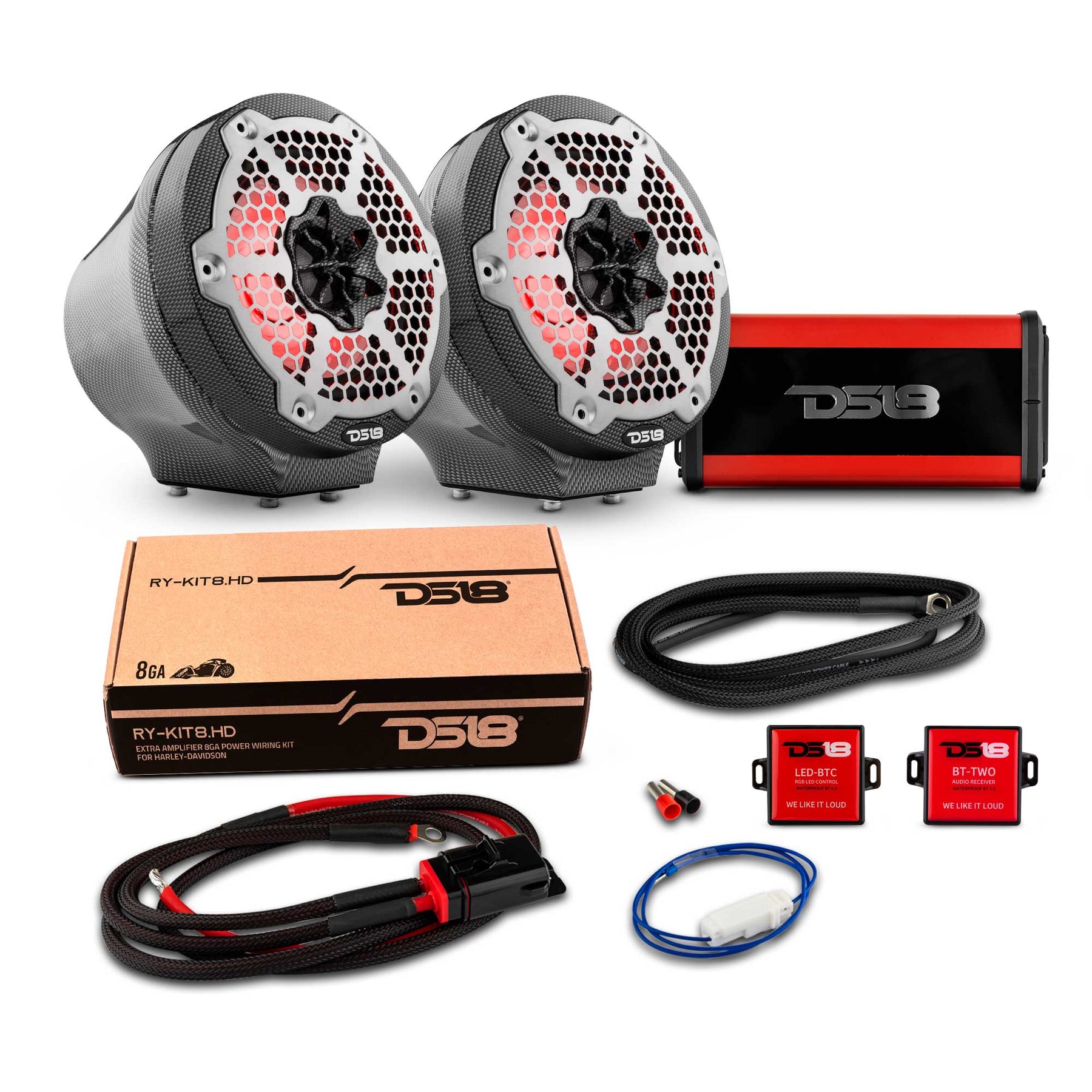 6.5" Loaded Flat Mount Speaker Pods with Amplifier, Installation Kit and RGB LED Lights, Package for Can-Am Spyder & Ryker