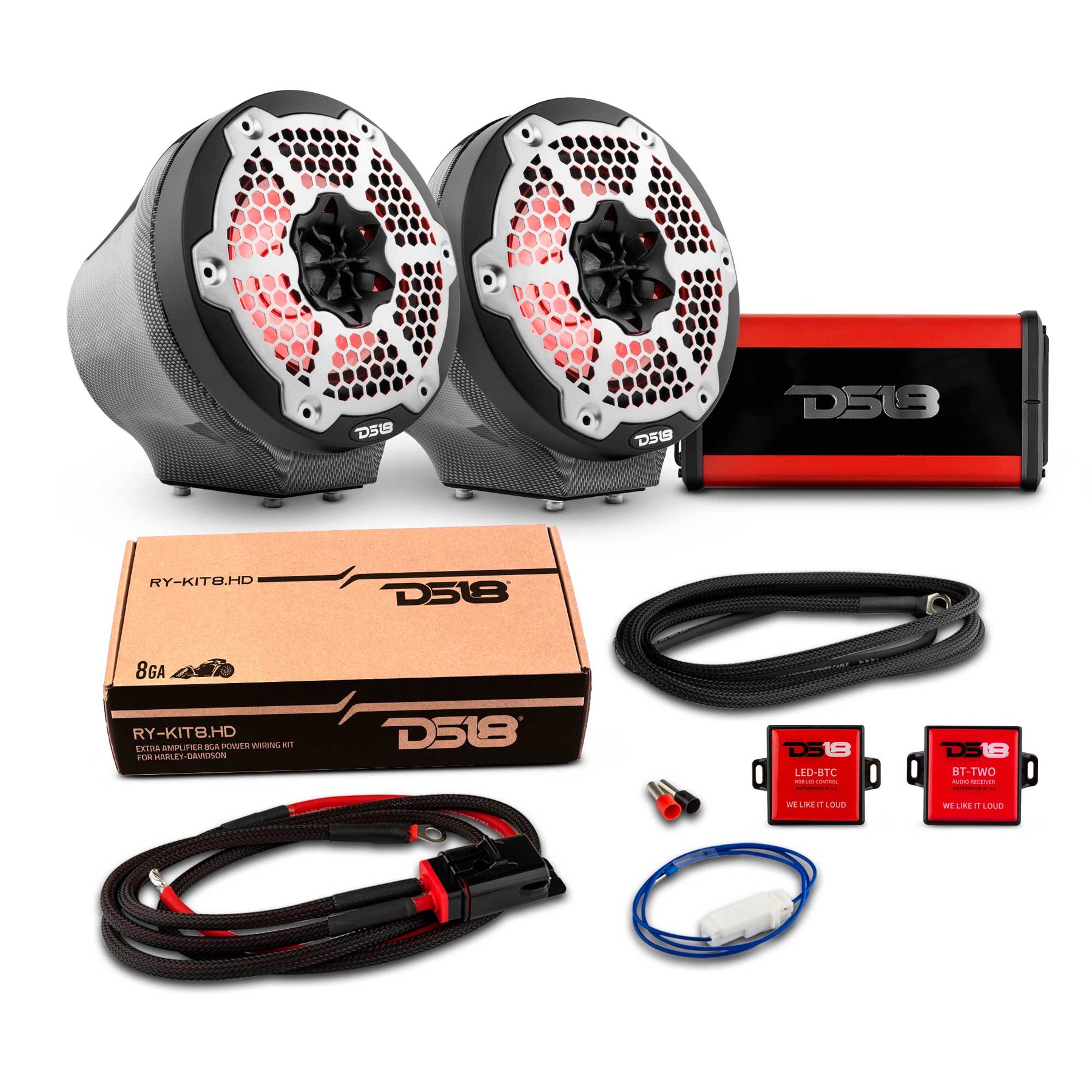 6.5" Loaded Flat Mount Speaker Pods with Amplifier, Installation Kit and RGB LED Lights, Package for Can-Am Spyder & Ryker