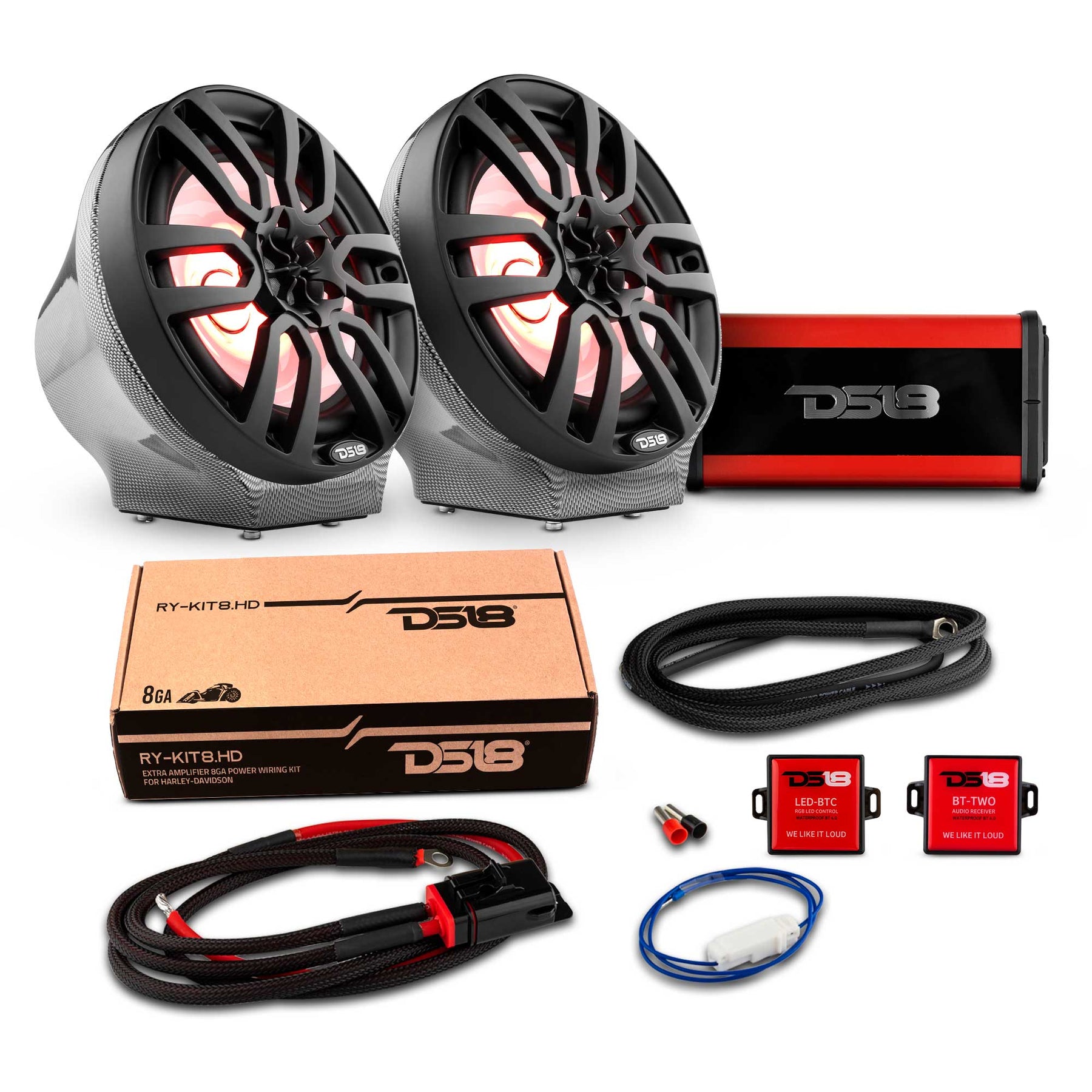 8" Loaded Flat Mount Speaker Pods with Amplifier, Installation Kit and RGB LED Lights, Package for Can-Am Spyder & Ryker