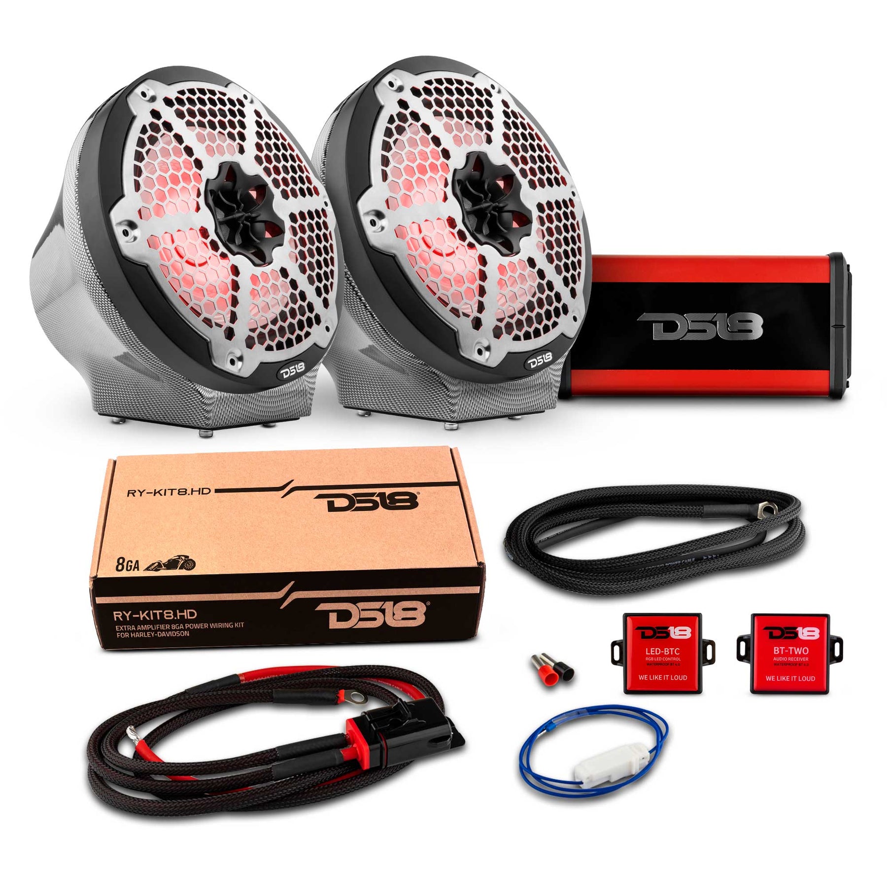 8" Loaded Flat Mount Speaker Pods with Amplifier, Installation Kit and RGB LED Lights, Package for Can-Am Spyder & Ryker