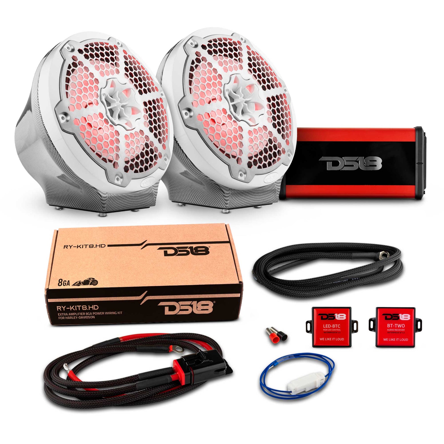 8" Loaded Flat Mount Speaker Pods with Amplifier, Installation Kit and RGB LED Lights, Package for Can-Am Spyder & Ryker