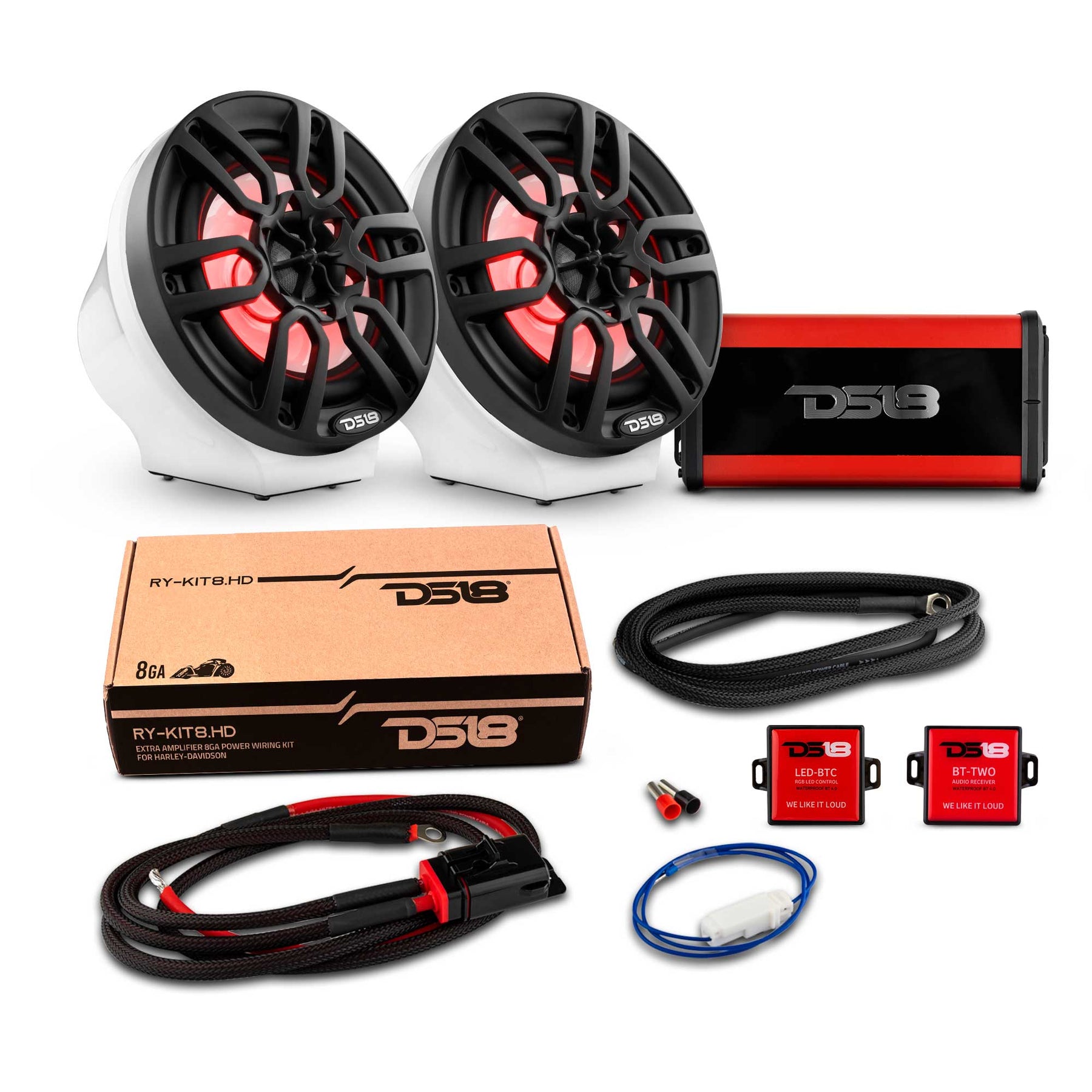 6.5" Loaded Flat Mount Speaker Pods with Amplifier, Installation Kit and RGB LED Lights, Package for Can-Am Spyder & Ryker