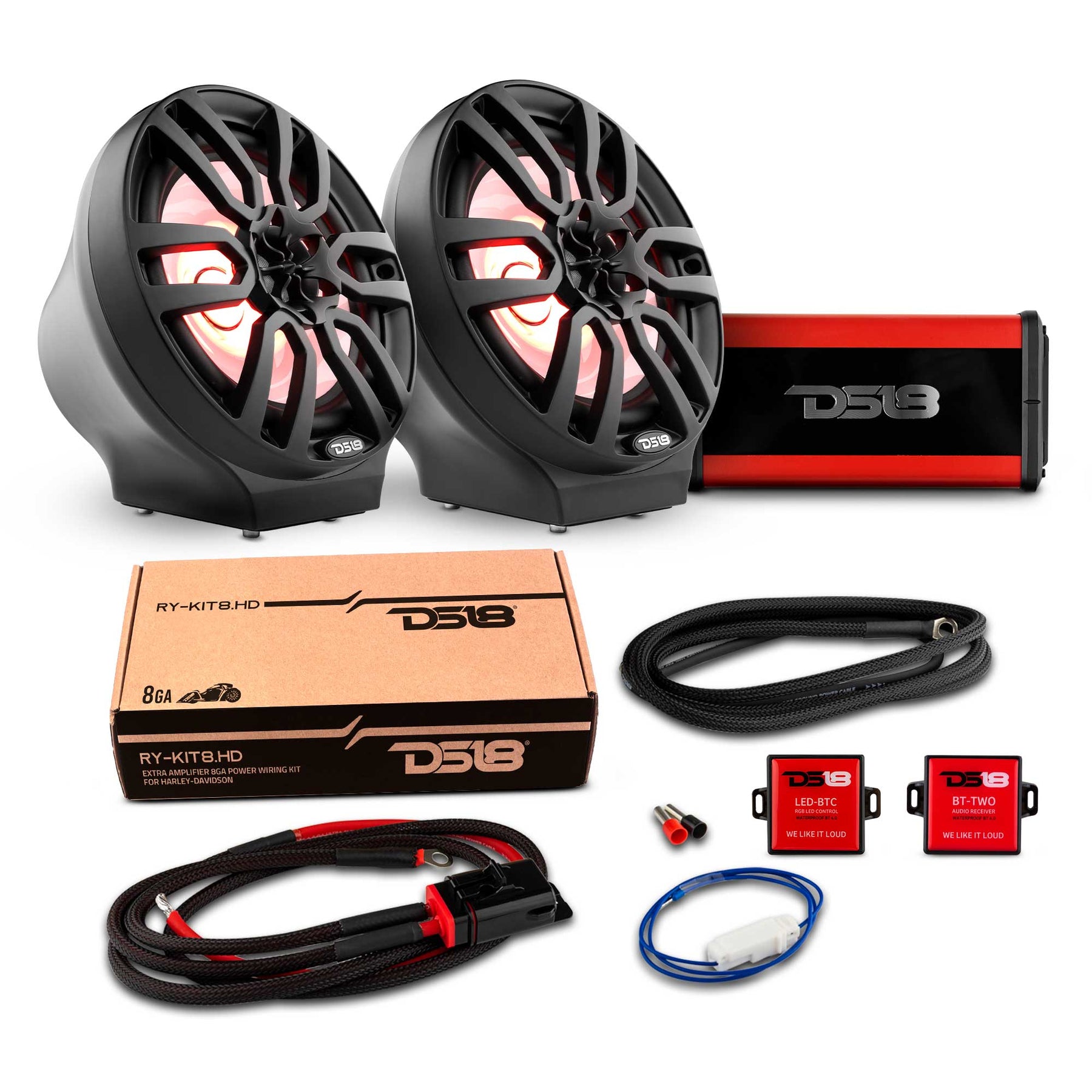 8" Loaded Flat Mount Speaker Pods with Amplifier, Installation Kit and RGB LED Lights, Package for Can-Am Spyder & Ryker