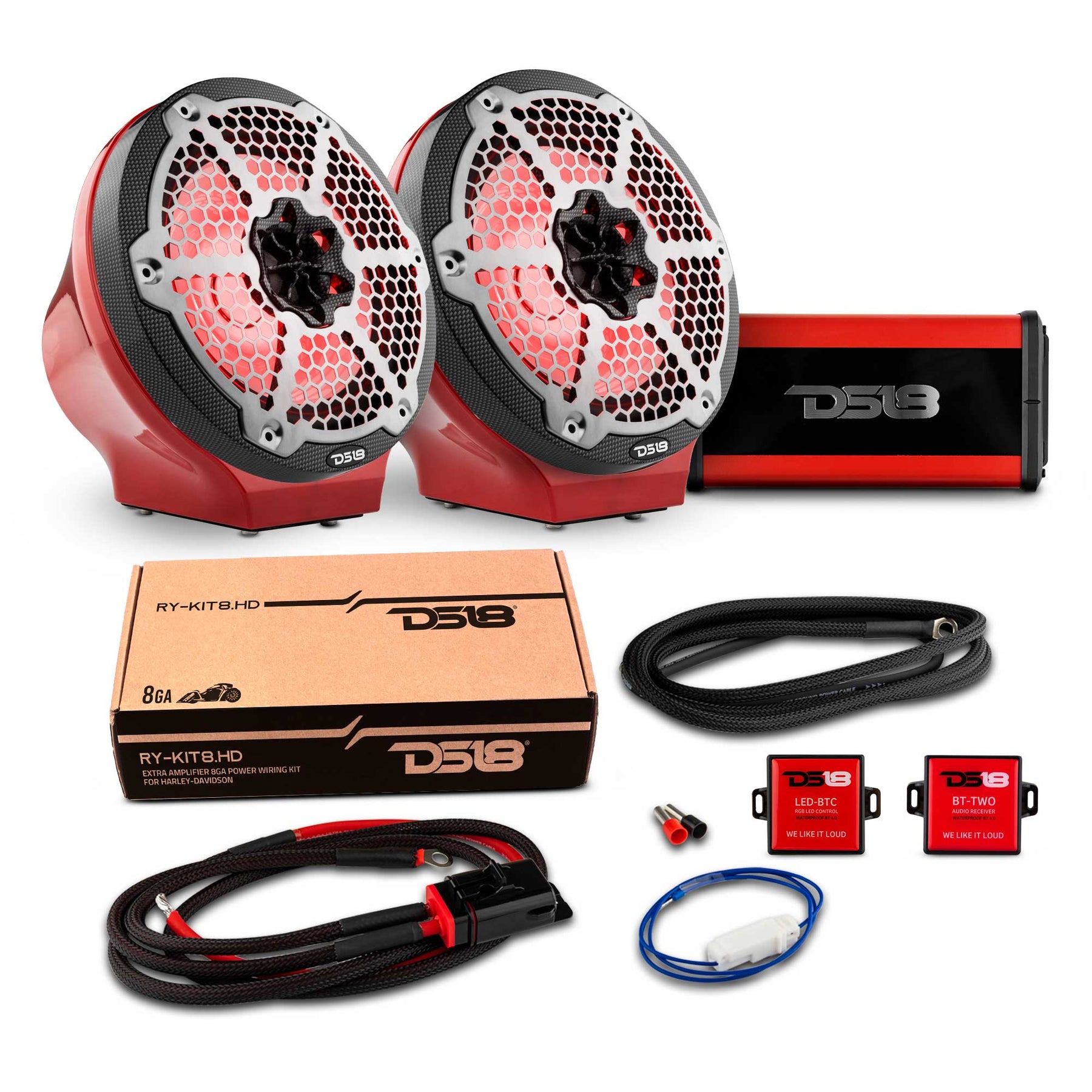 8" Loaded Flat Mount Speaker Pods with Amplifier, Installation Kit and RGB LED Lights, Package for Can-Am Spyder & Ryker