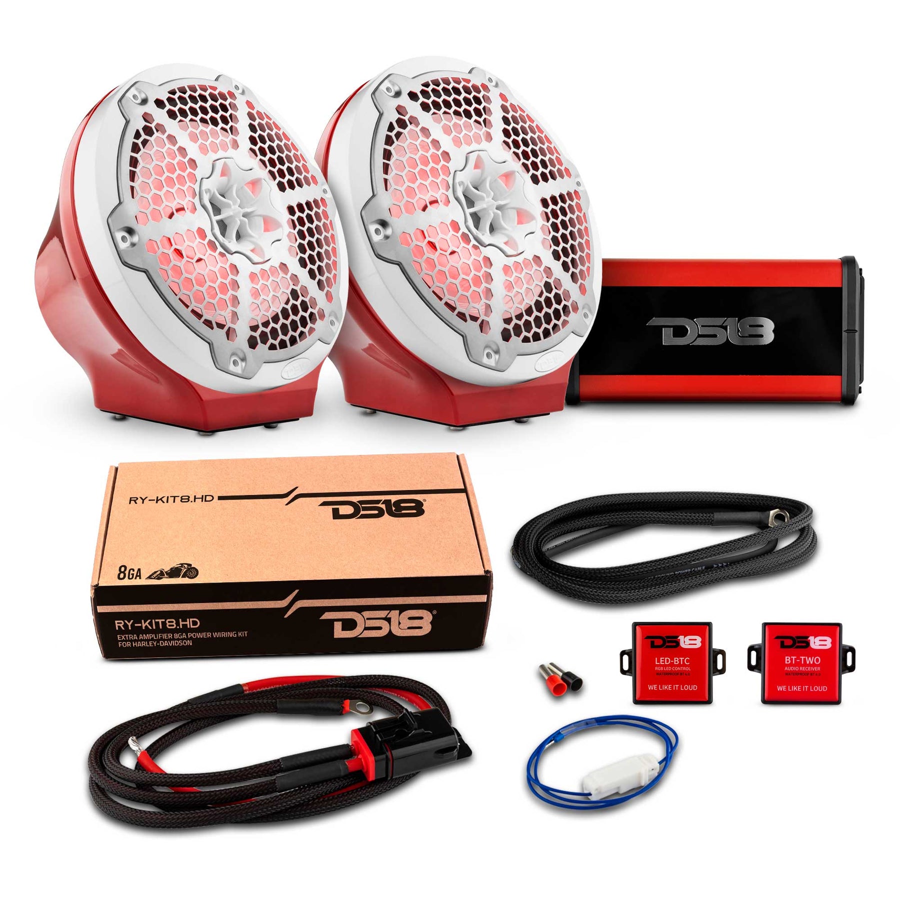 8" Loaded Flat Mount Speaker Pods with Amplifier, Installation Kit and RGB LED Lights, Package for Can-Am Spyder & Ryker