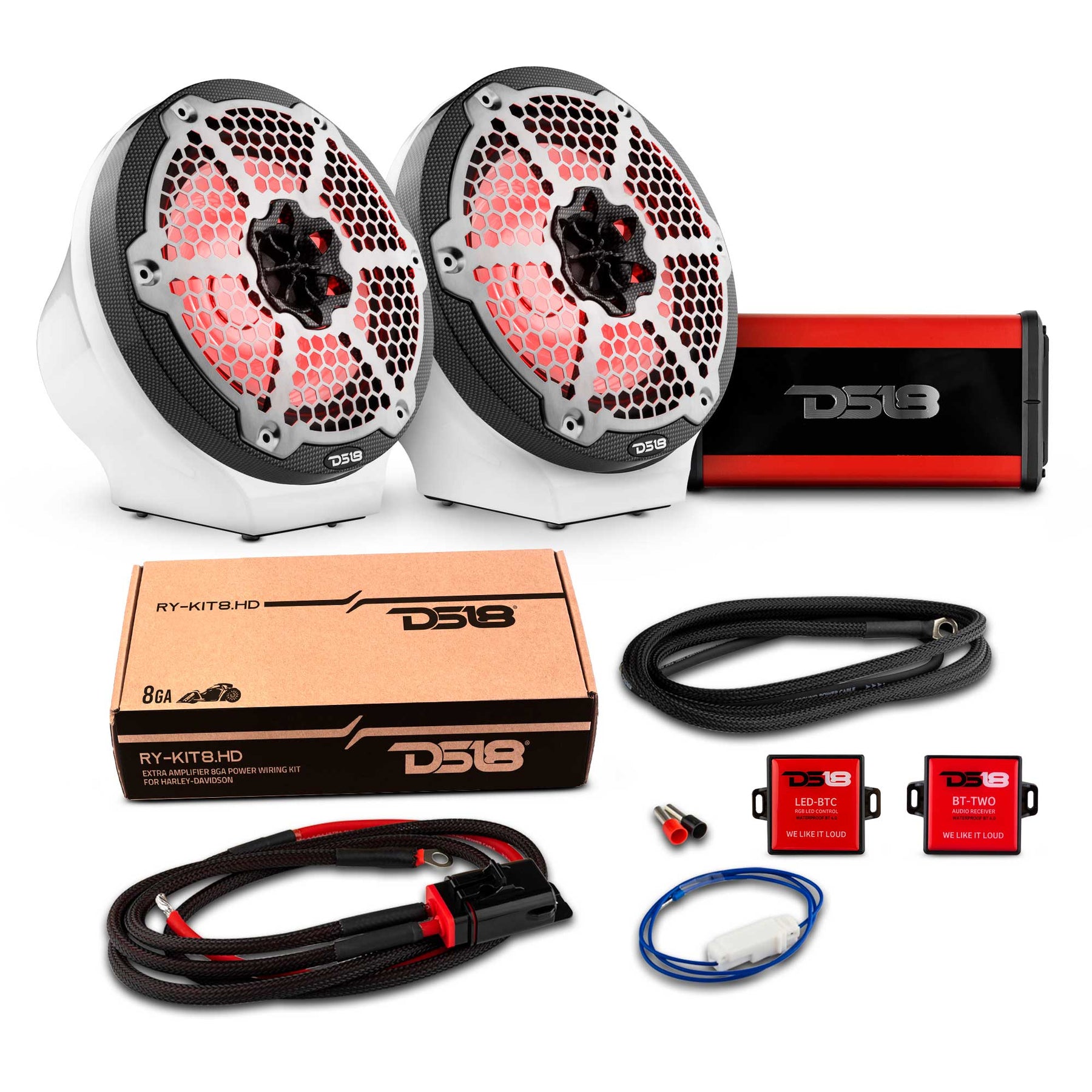 8" Loaded Flat Mount Speaker Pods with Amplifier, Installation Kit and RGB LED Lights, Package for Can-Am Spyder & Ryker