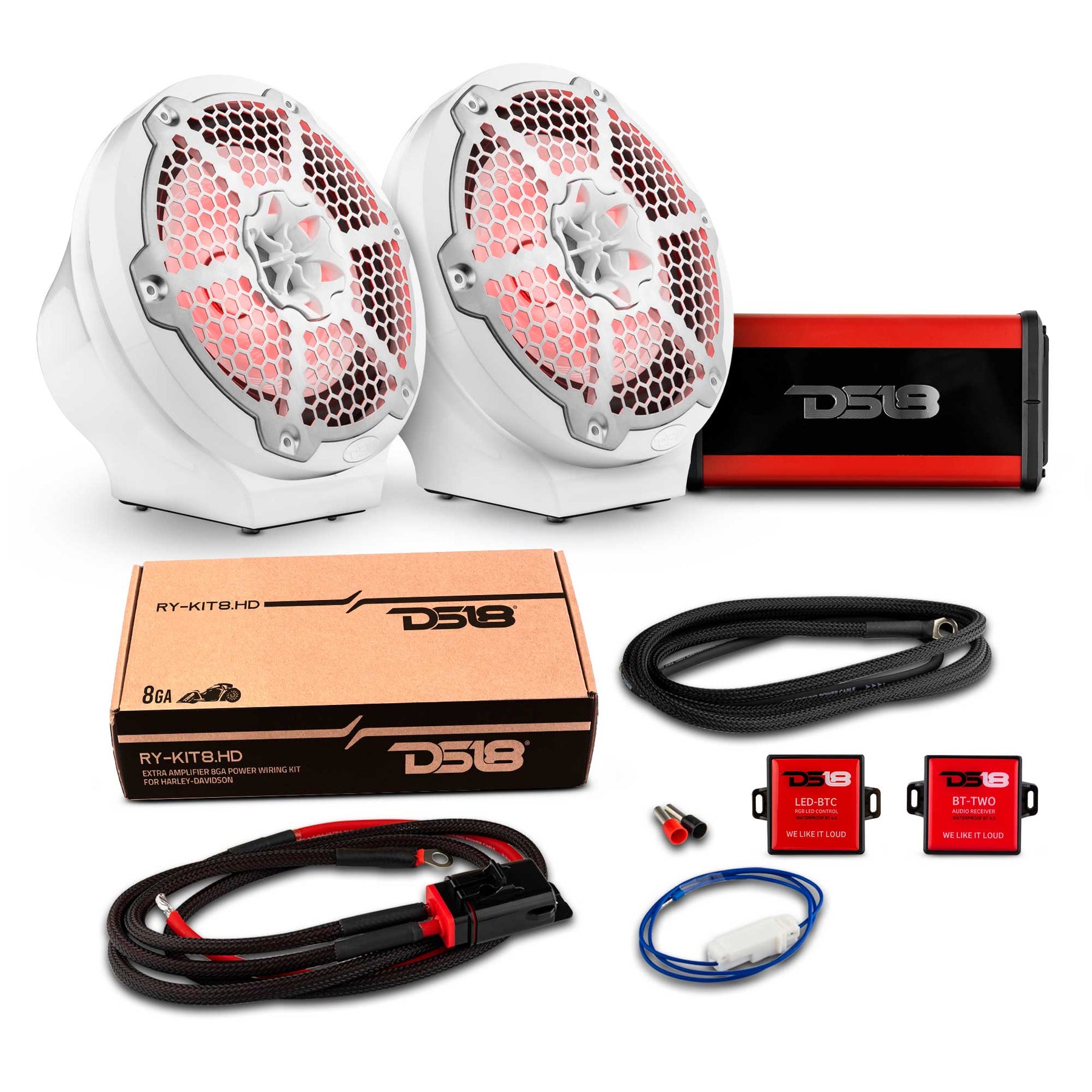 8" Loaded Flat Mount Speaker Pods with Amplifier, Installation Kit and RGB LED Lights, Package for Can-Am Spyder & Ryker