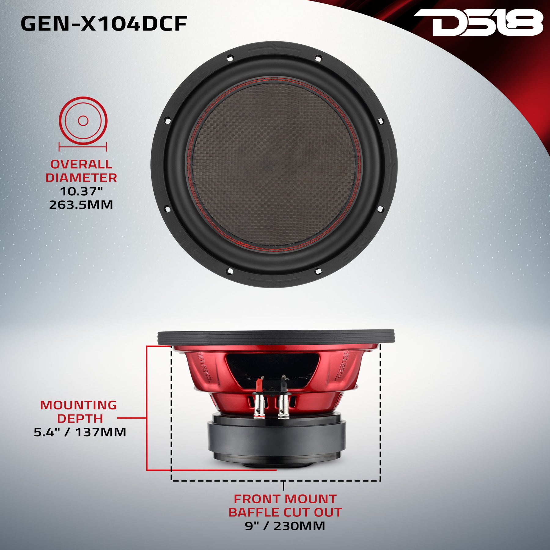 GEN-X 10" Subwoofer with Carbon Fiber Dust Cap | 600W RMS Dual 4-Ohm Voice Coils