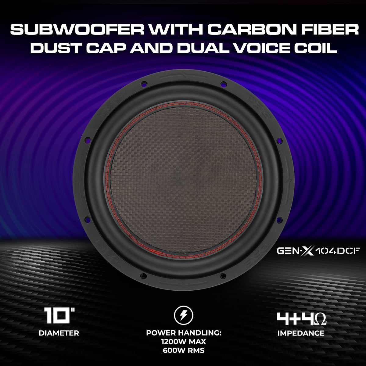 GEN-X 10" Subwoofer with Carbon Fiber Dust Cap | 600W RMS Dual 4-Ohm Voice Coils