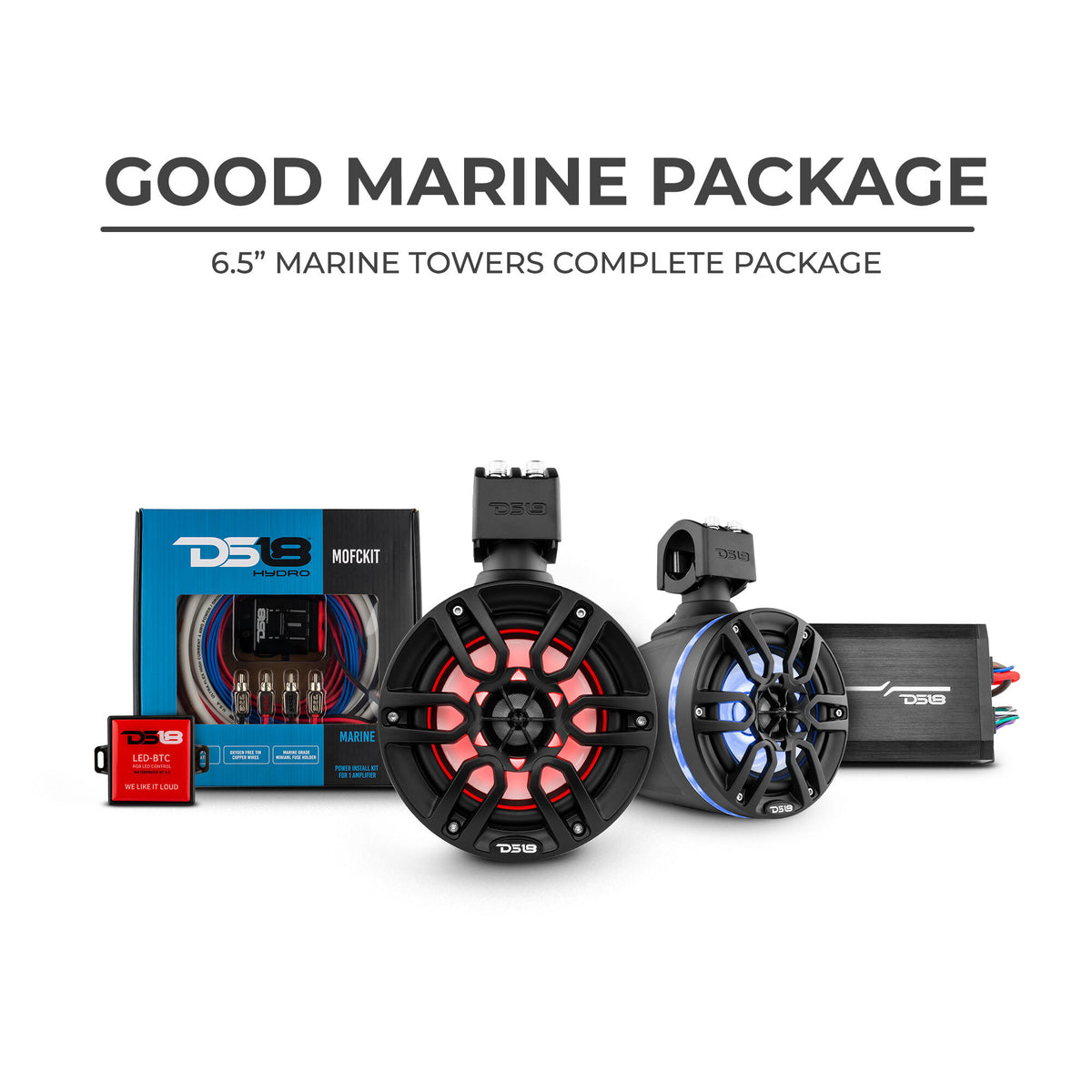 DS18 Good Marine Stereo Package  2 x 6.5” Speaker Tower| 1 x 2 Ch Amplifier | 1 x MOFCKIT4 and 1 x LED-BTC