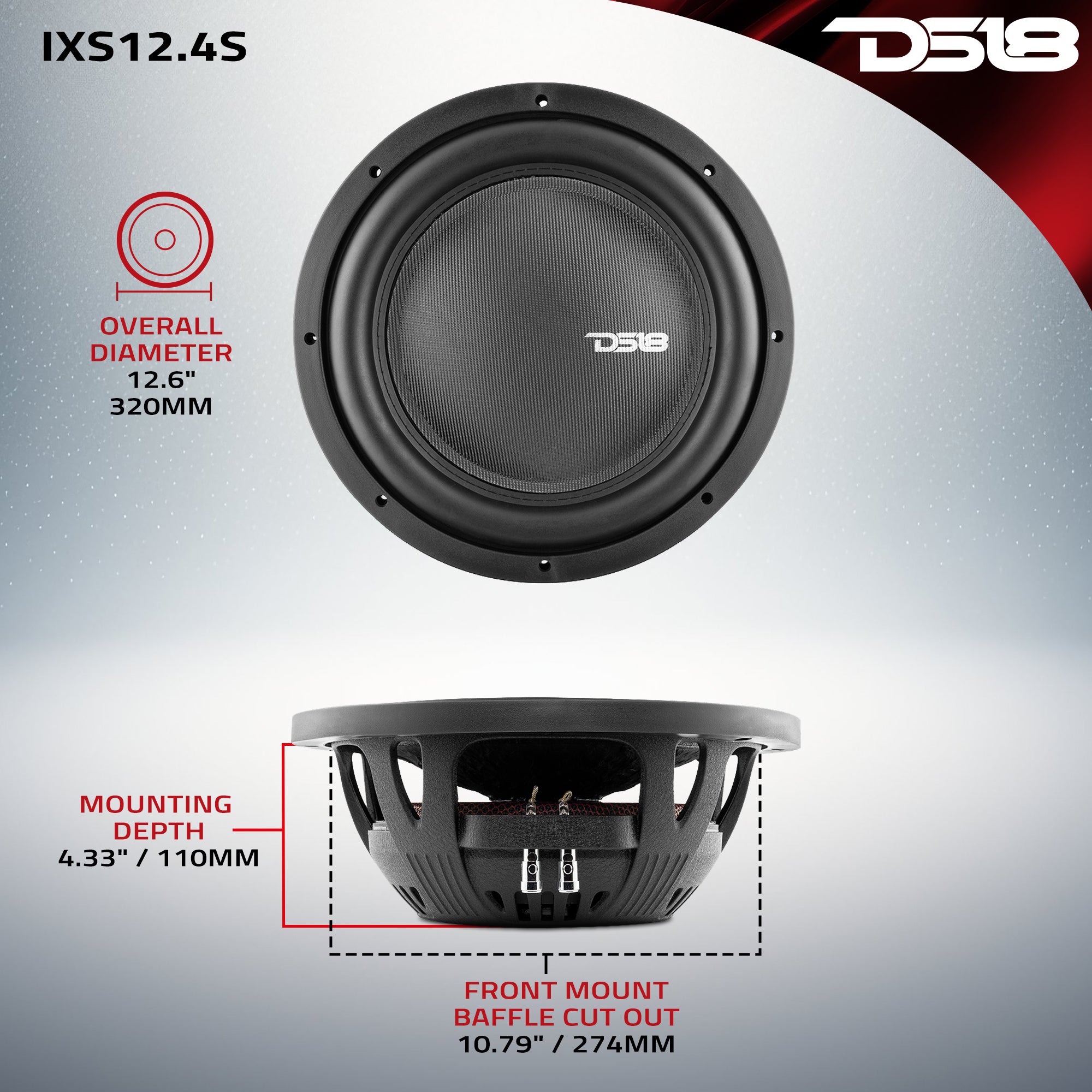 Buy Best 12 Inch Shallow Mount Subwoofer Discount DS18 PSW12.4S 12 Shallow Mount Subwoofer 1200 Watts Max Power 600 Watts RMS Single Voice Coil 4 OHMS Water Resistant Best Sub For Tight