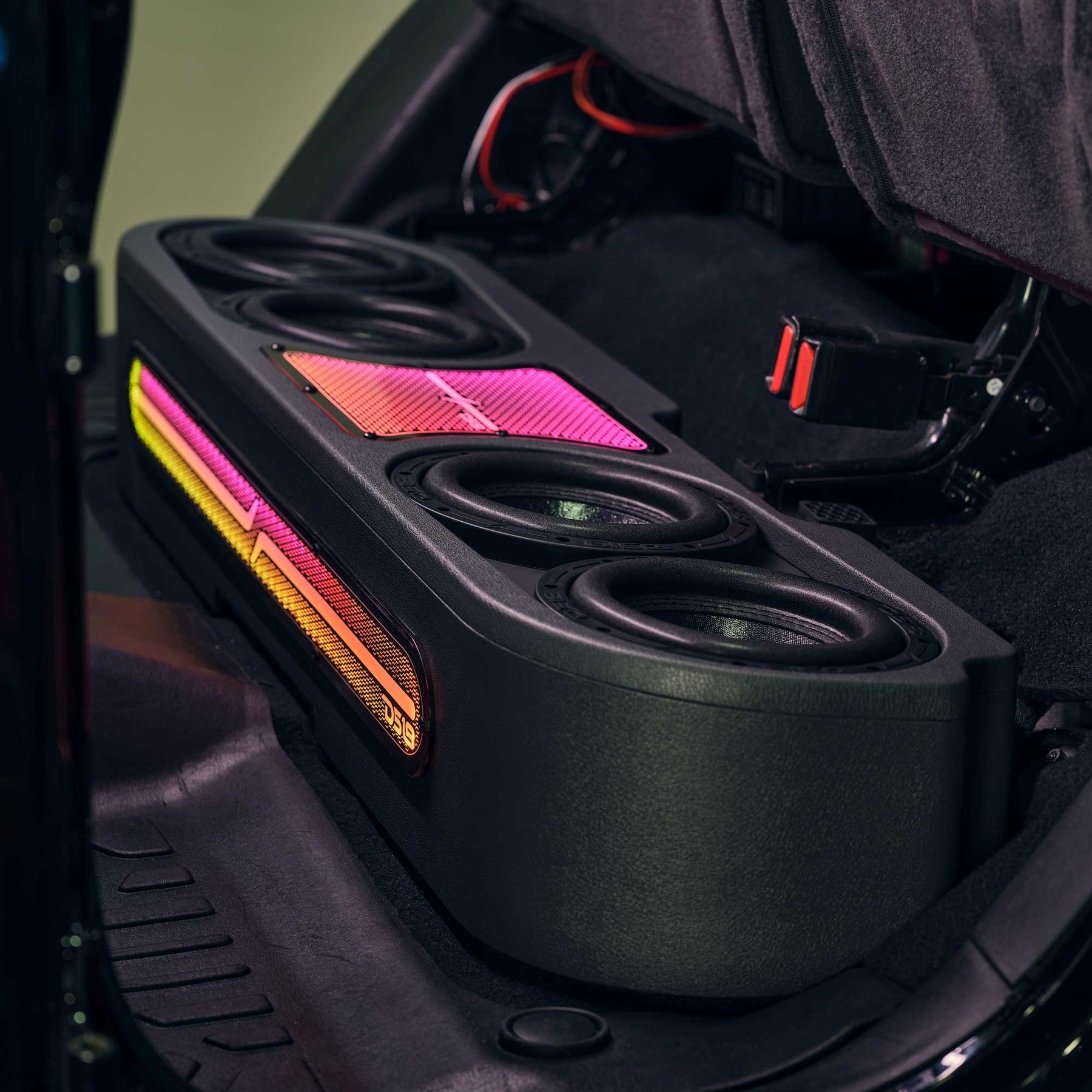 Jeep JT Gladiator Loaded Under Rear Seat Subwoofer Enclosure with 4 X 8" ZR8.2D, Leather Wrapped and Digital LED Lights | 1800 Watts RMS @ 1-Ohm