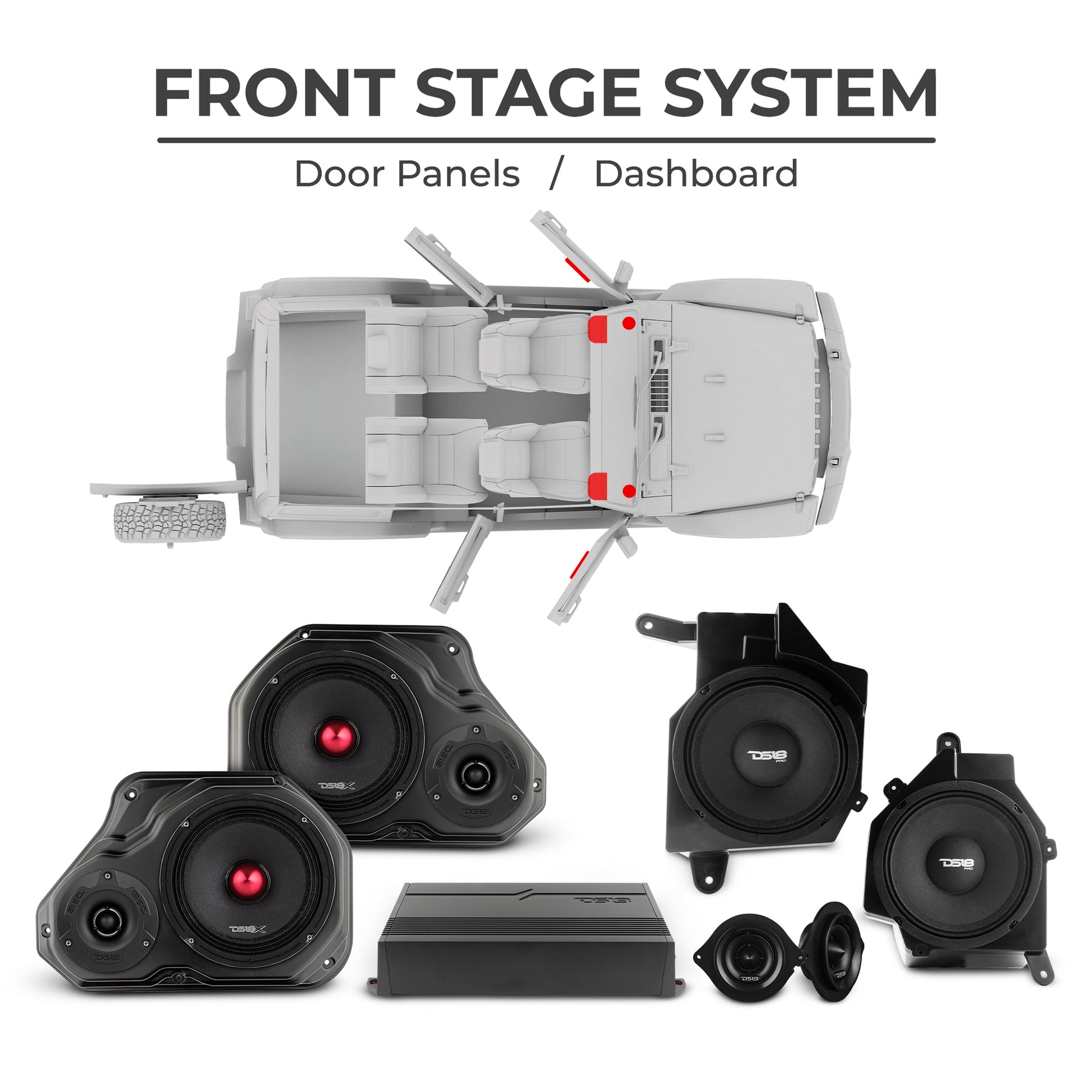 Paquete Ultimate para Jeep JLU 2018–2023: incluye barra de sonido, paneles de puertas, subwoofers y amplificadores. 