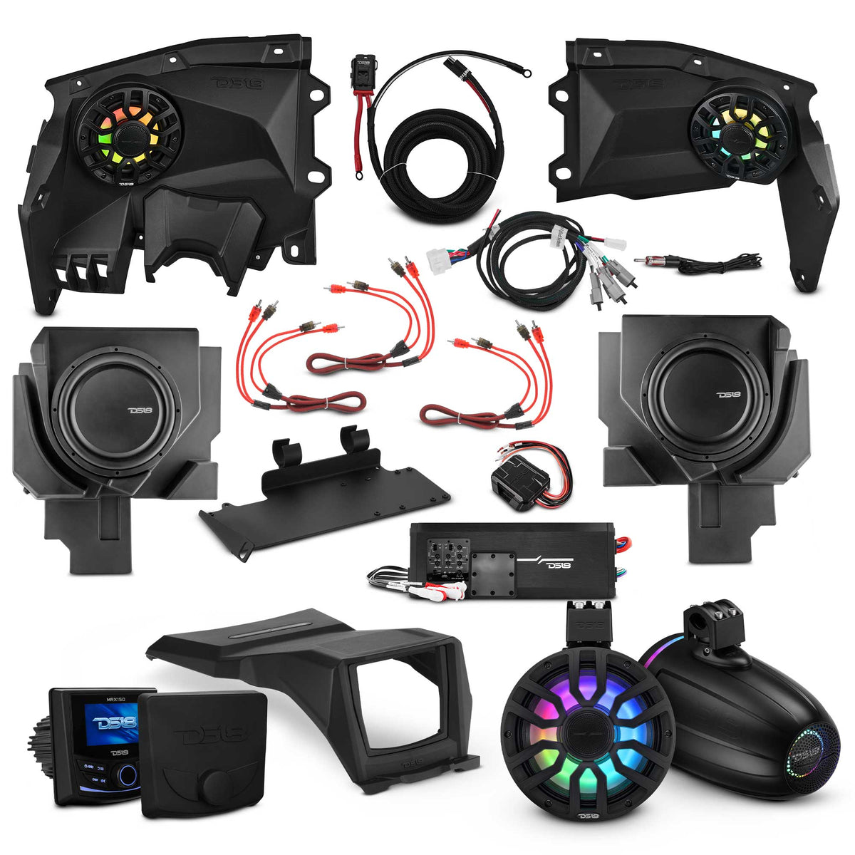 Can-Am Maverick X3 Stage 6 - Front Door Speaker Panels, 8" Neodymium Tower Speakers, Dual 12” Subwoofer, Amplifier, Bluetooth Radio & LED Lights