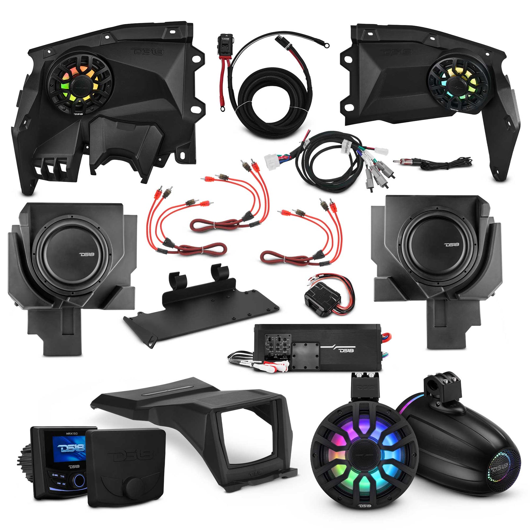 Can-Am Maverick X3 Stage 6 - Front Door Speaker Panels, 8" Neodymium Tower Speakers, Dual 12” Subwoofer, Amplifier, Bluetooth Radio & LED Lights