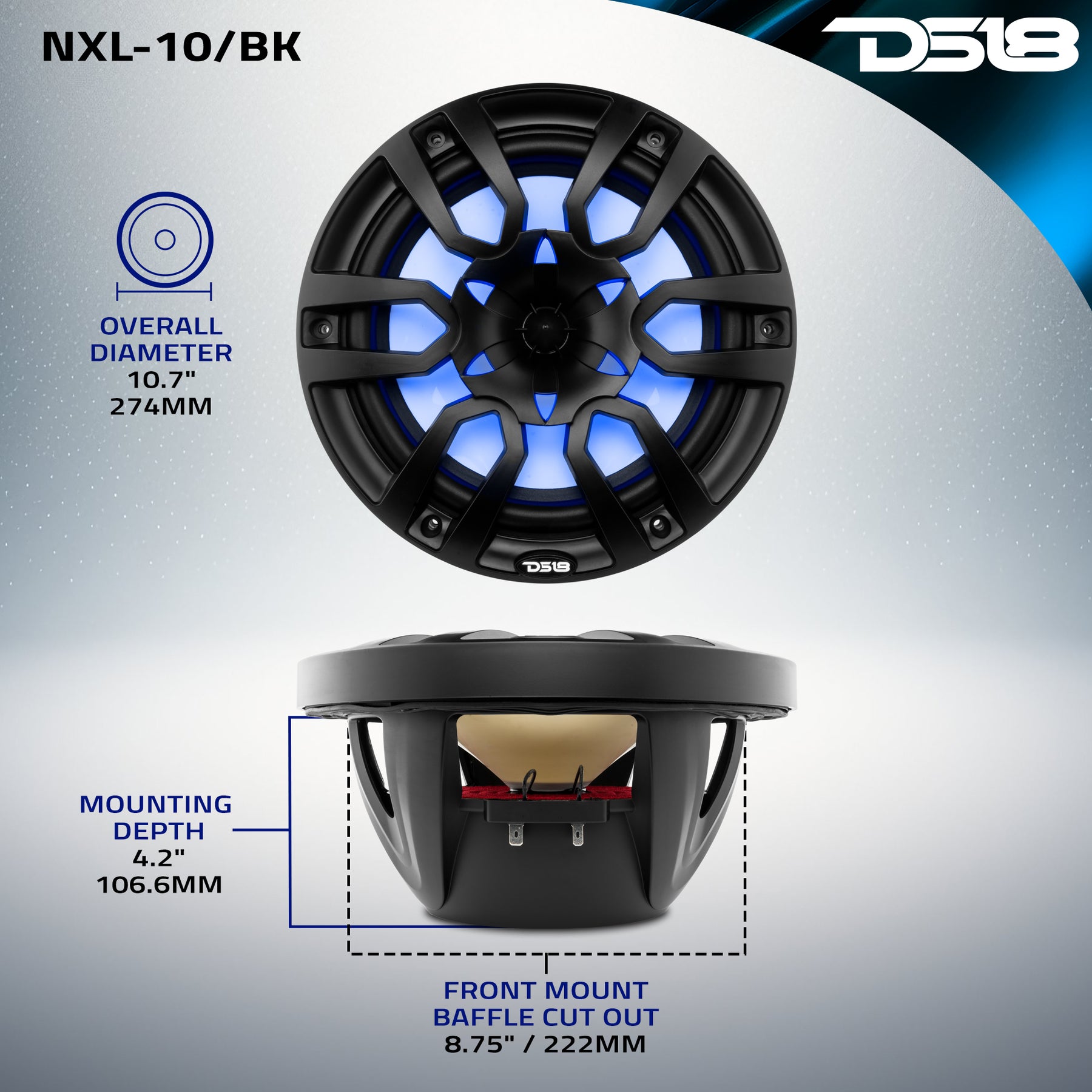 NXL 10" 2-Way Coaxial Marine Speaker With LED RGB Lights 200Watts Rms 4-Ohm -Black