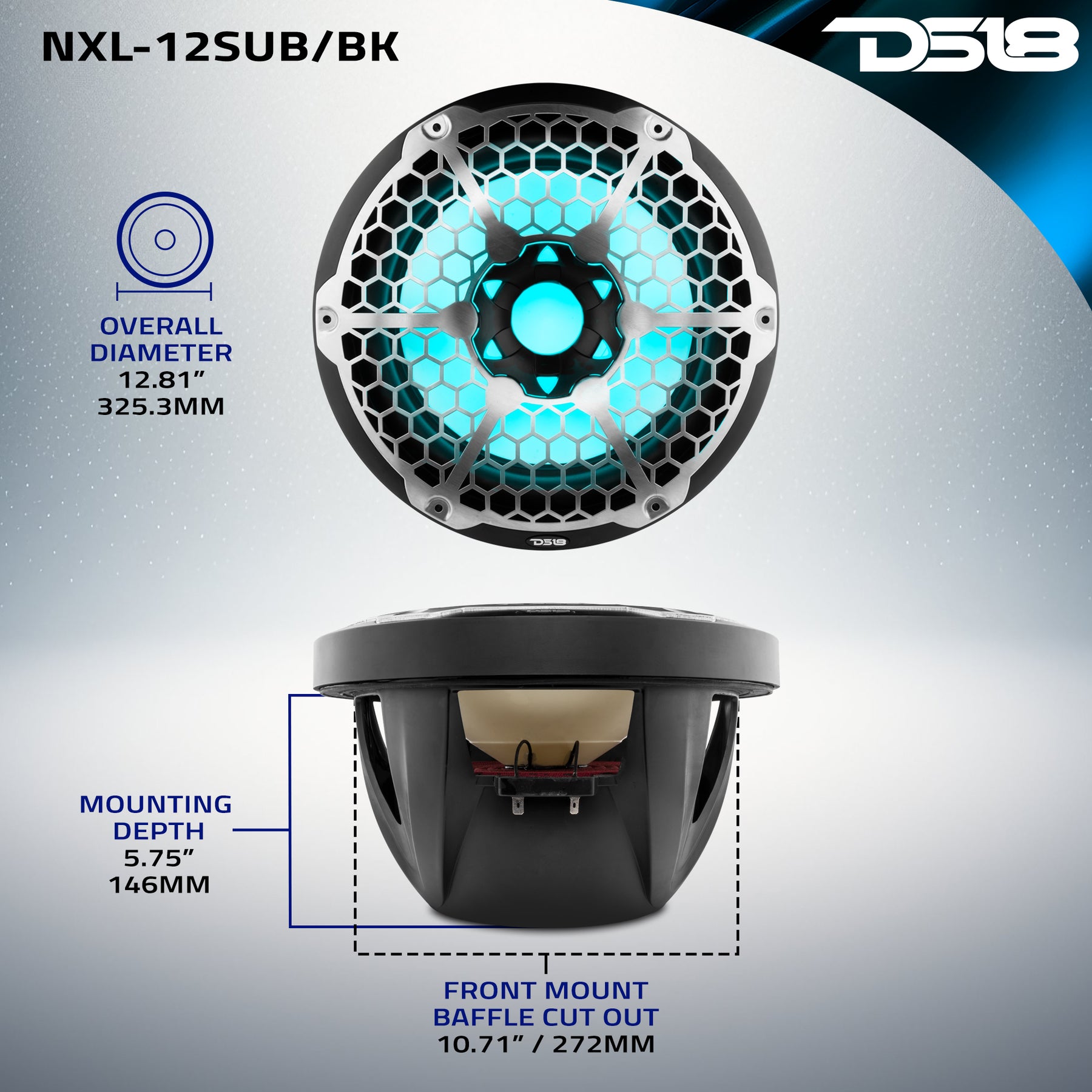 NXL 12" Marine Subwoofer With LED RGB Lights 350 Watts Rms SVC 4-Ohm -Black