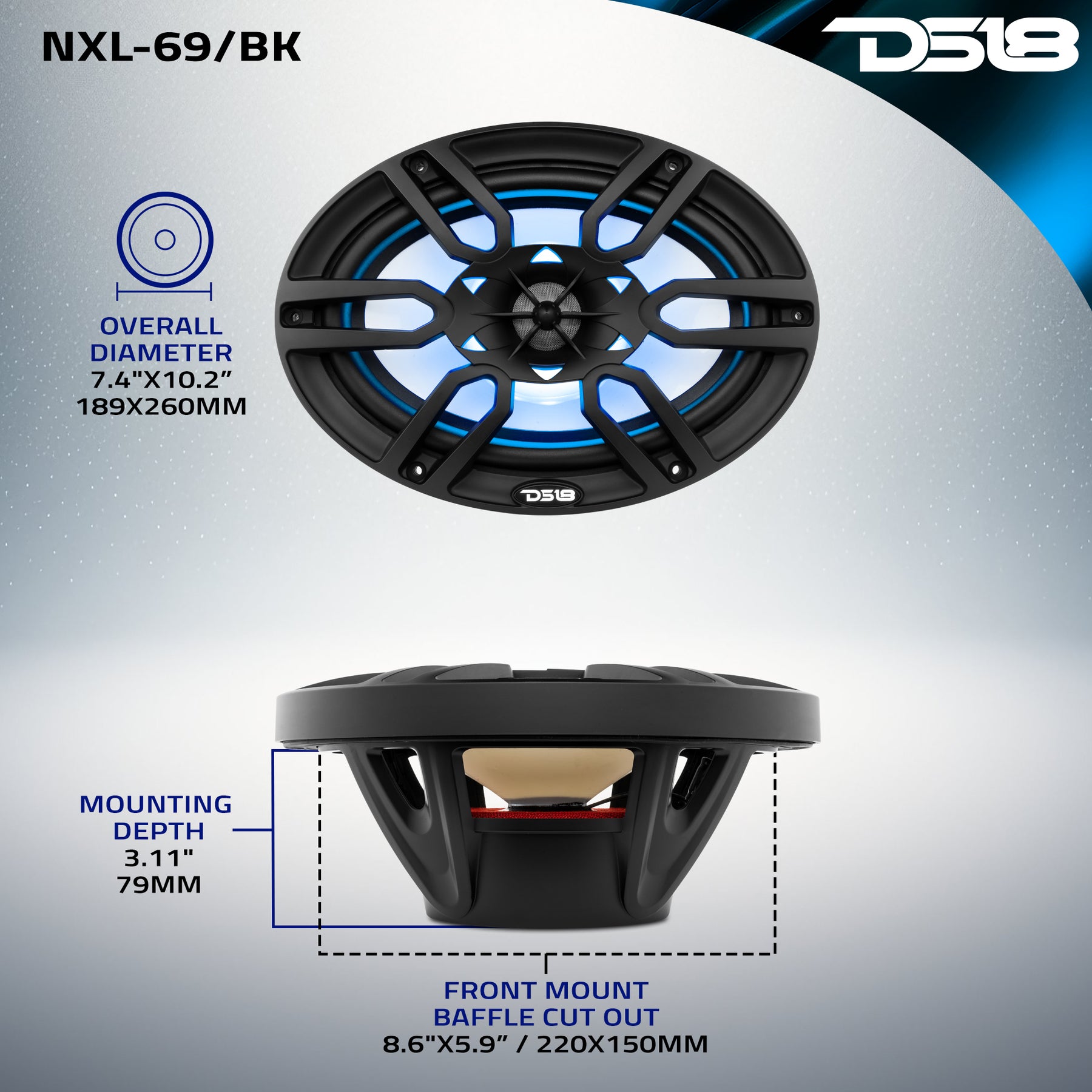 NXL 6x9" 2-Way Coaxial Marine Speaker With LED RGB Lights 125 Watts Rms 4-Ohm -Black