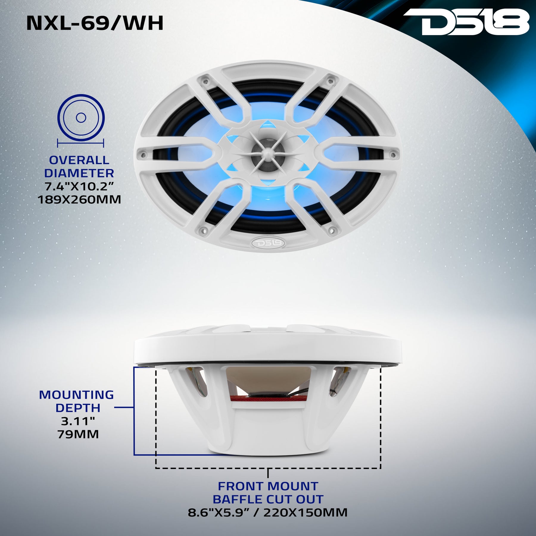 NXL 6x9" 2-Way Coaxial Marine Speaker With LED RGB Lights 125 Watts Rms 4-Ohm -White