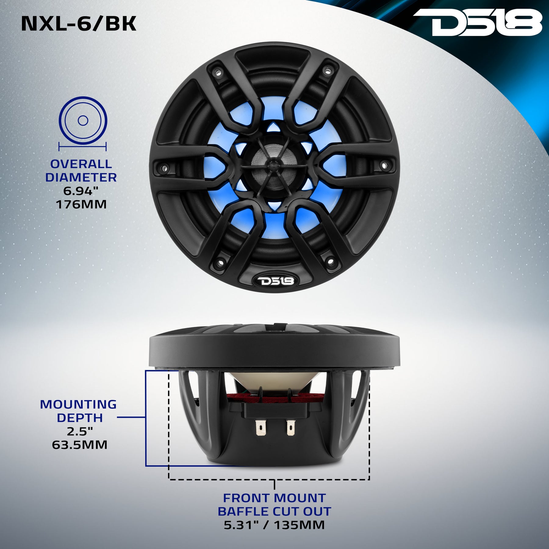 NXL 6.5" 2-Way Coaxial Marine Speaker With LED RGB Lights 100 Watts Rms 4-Ohm -Black