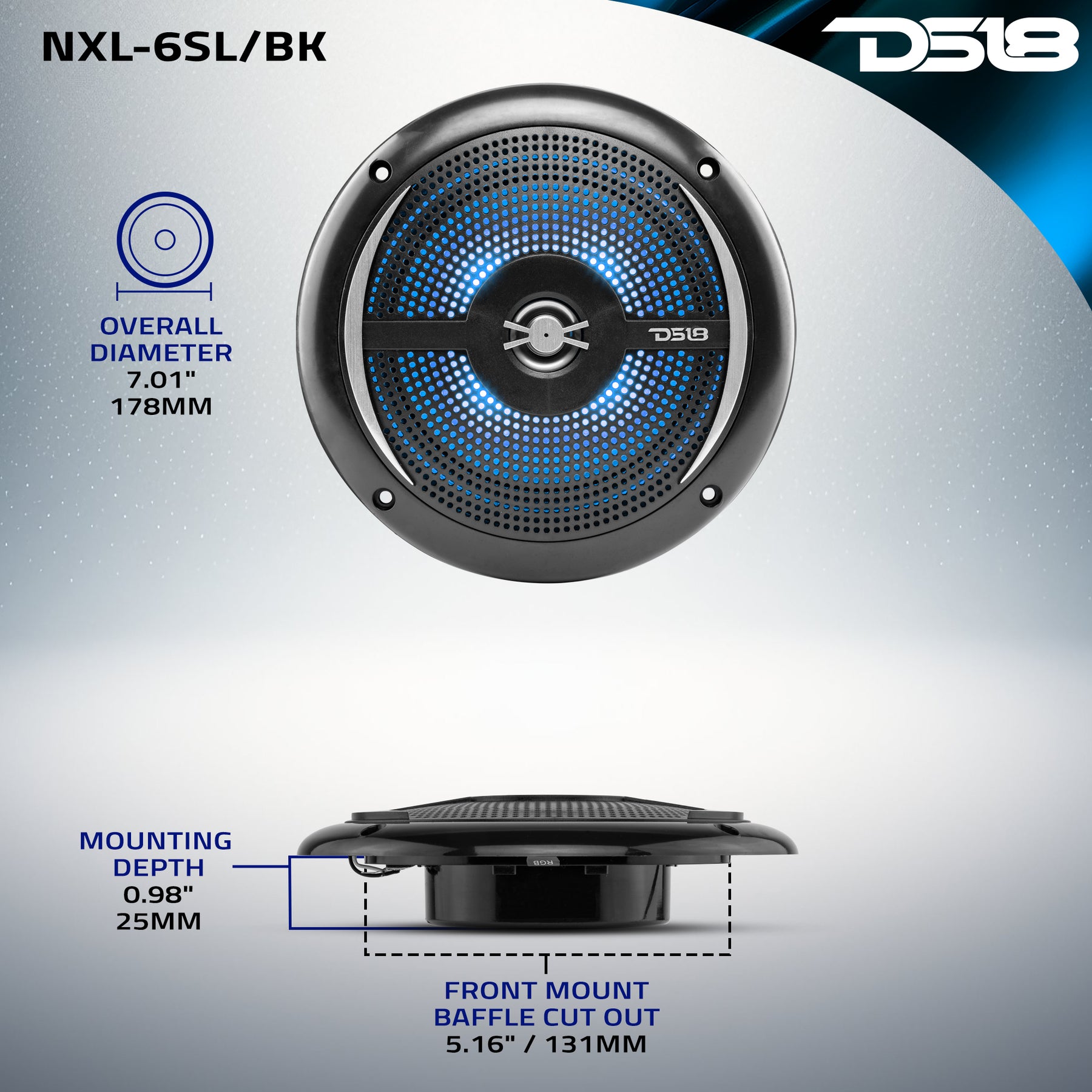 DS18 NXL-6M HYDRO 6.5" Marine Speakers – 100W RMS, 2-Way RGB LED, Waterproof, Pair
